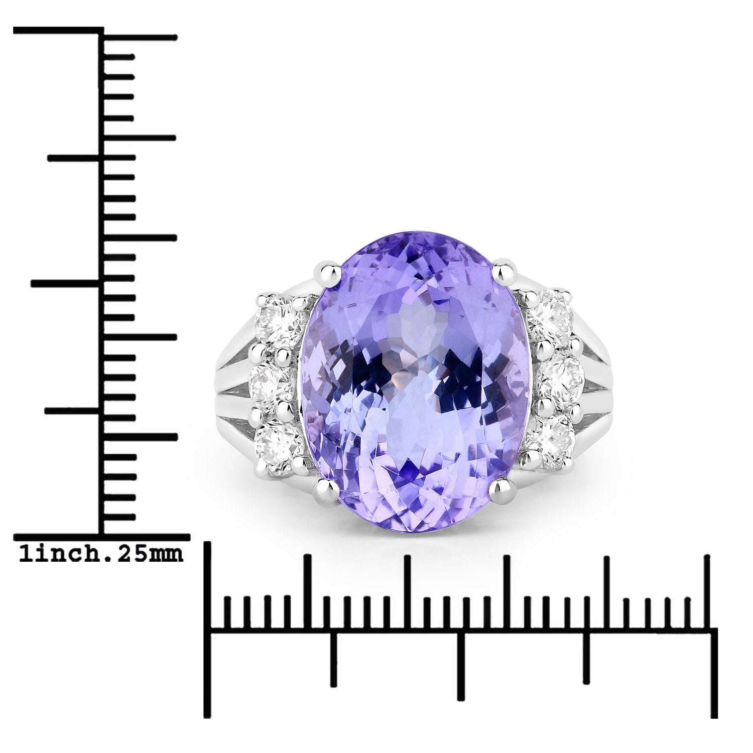 10.43 Cttw Oval Violet Tanzanite and Lab Diamond Rhodium over Silver Bridge Ring