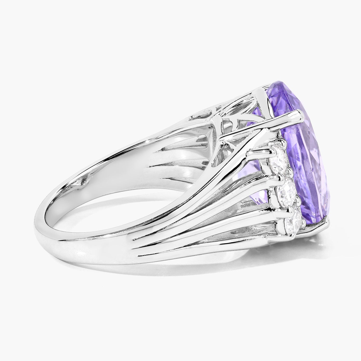 10.43 Cttw Oval Violet Tanzanite and Lab Diamond Rhodium over Silver Bridge Ring