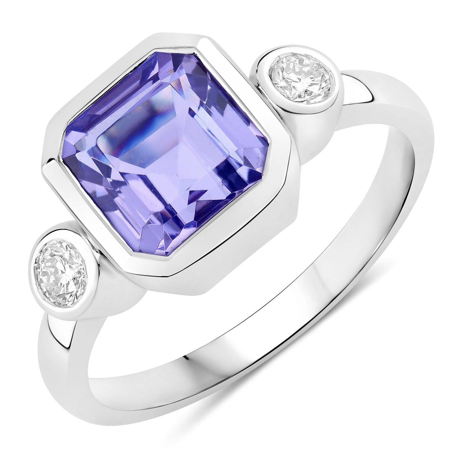 3.49 Cttw Octagon Violet Tanzanite and Lab Diamond Bezel Rhodium over Silver 3-Stone Ring