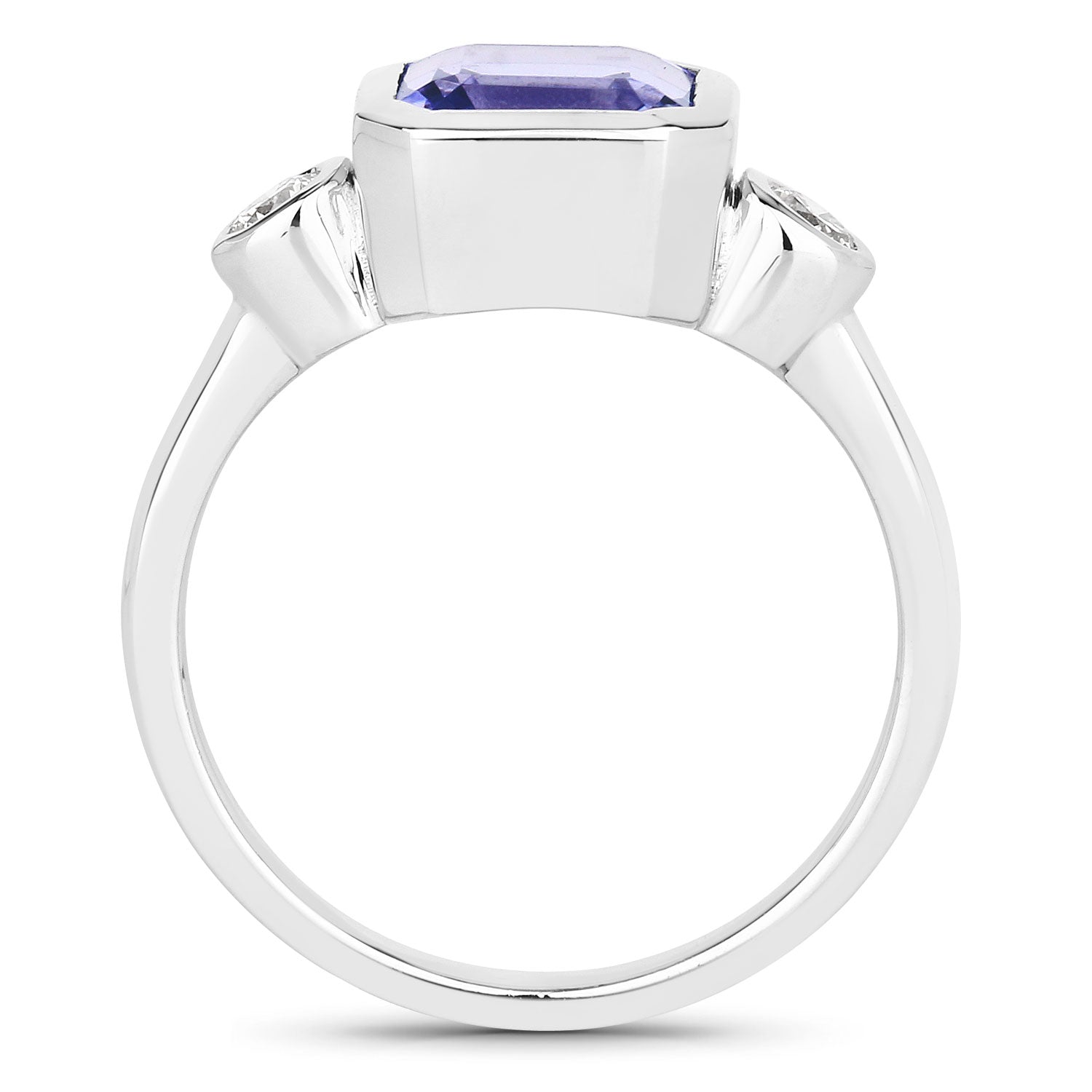 3.49 Cttw Octagon Violet Tanzanite and Lab Diamond Bezel Rhodium over Silver 3-Stone Ring