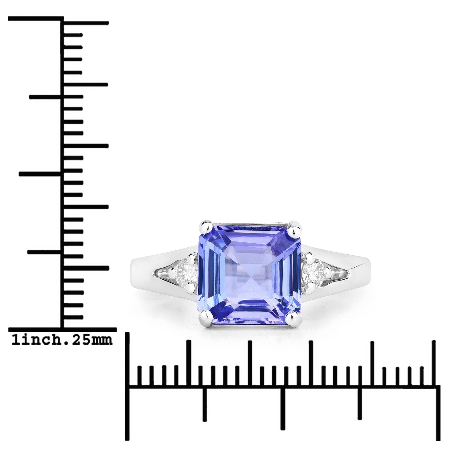 3.28 Cttw Octagon Violet Tanzanite and Lab Diamond Rhodium over Silver 3-Stone Ring