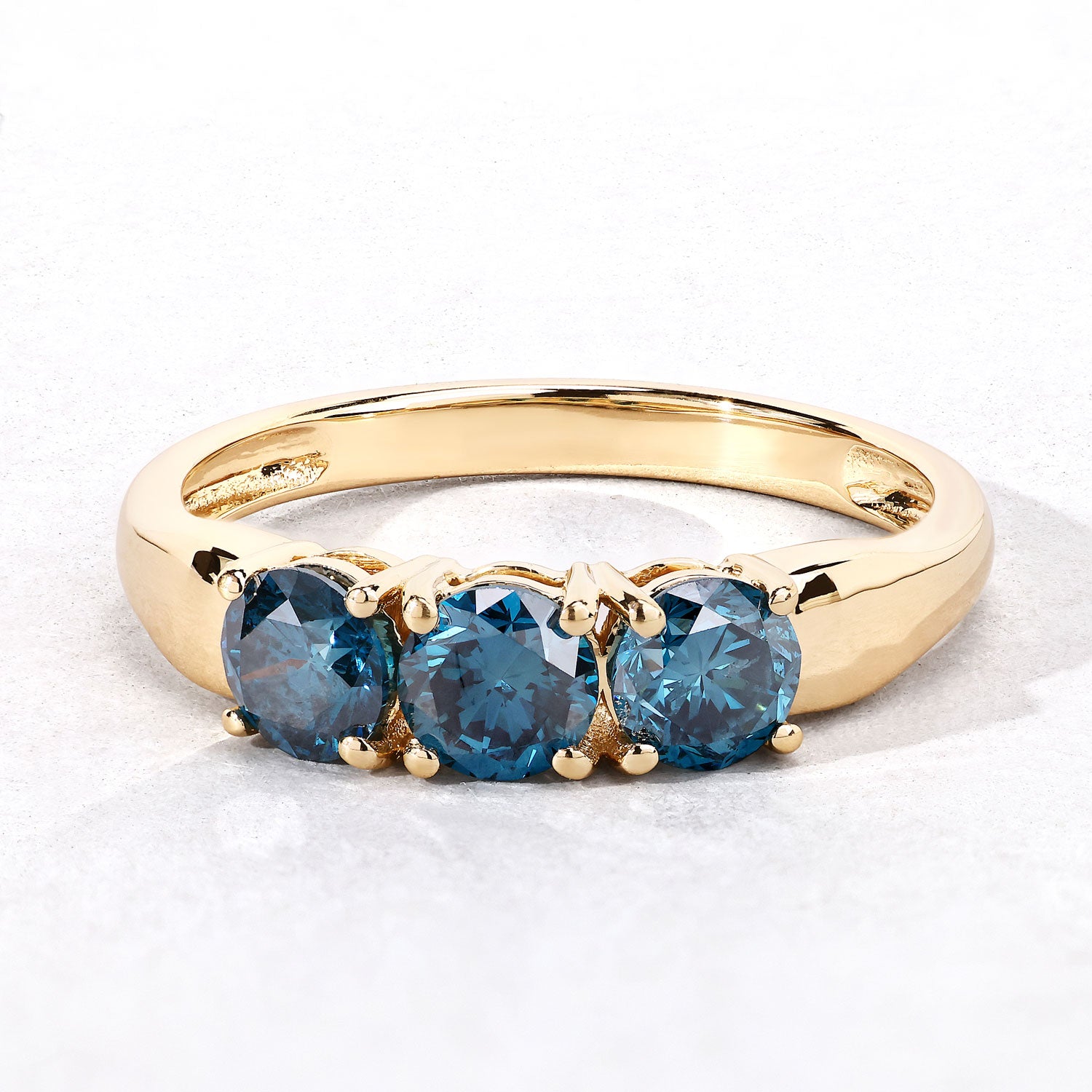 1.09 Cttw Round Teal Blue Diamond 14K Yellow Gold Three Stone Ring