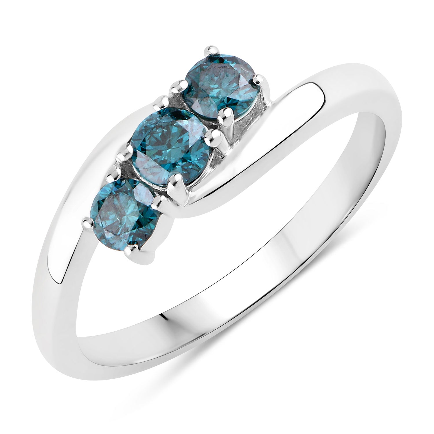 0.49 Cttw Round Teal Blue Diamond Rhodium Plated Silver Bypass 3-Stone Ring