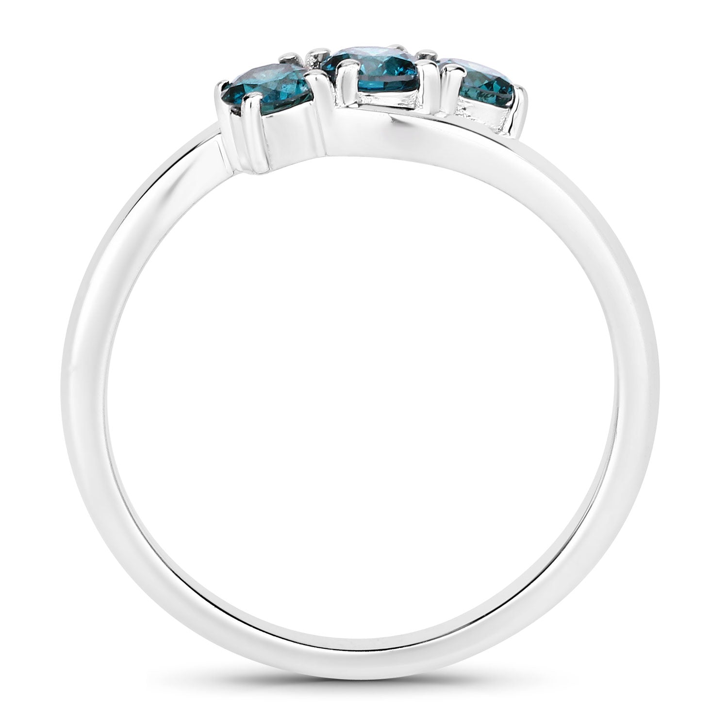 0.49 Cttw Round Teal Blue Diamond Rhodium Plated Silver Bypass 3-Stone Ring