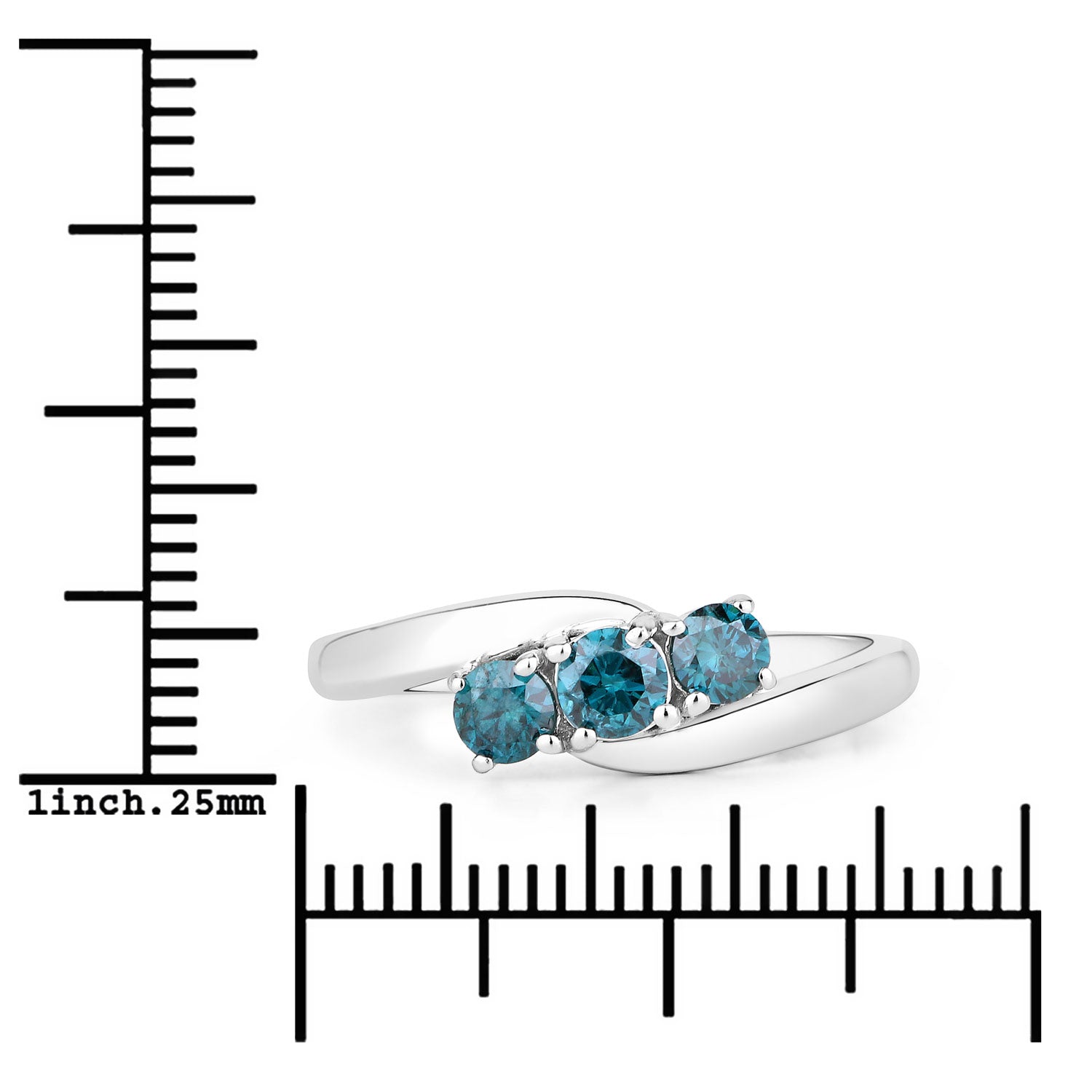 0.49 Cttw Round Teal Blue Diamond Rhodium Plated Silver Bypass 3-Stone Ring