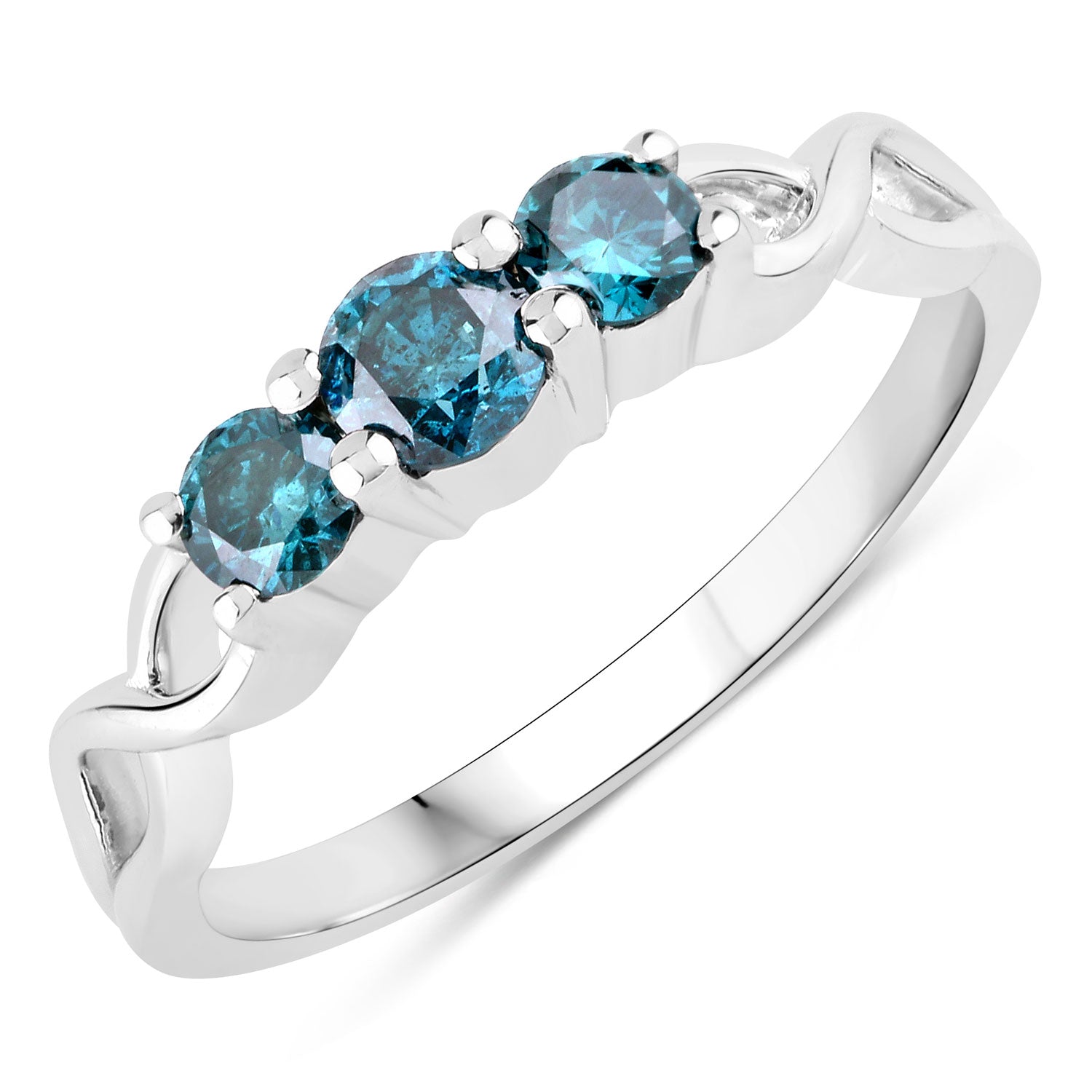 0.52 Cttw Round Teal Blue Diamond Rhodium Plated Silver Three Stone Twisted Band Ring