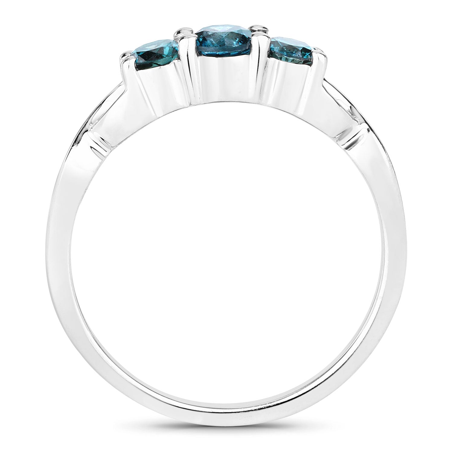 0.52 Cttw Round Teal Blue Diamond Rhodium Plated Silver Three Stone Twisted Band Ring
