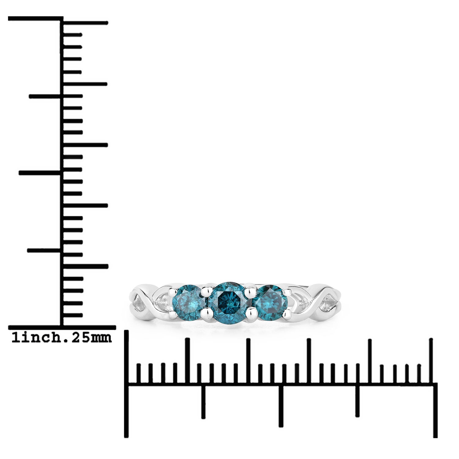 0.52 Cttw Round Teal Blue Diamond Rhodium Plated Silver Three Stone Twisted Band Ring