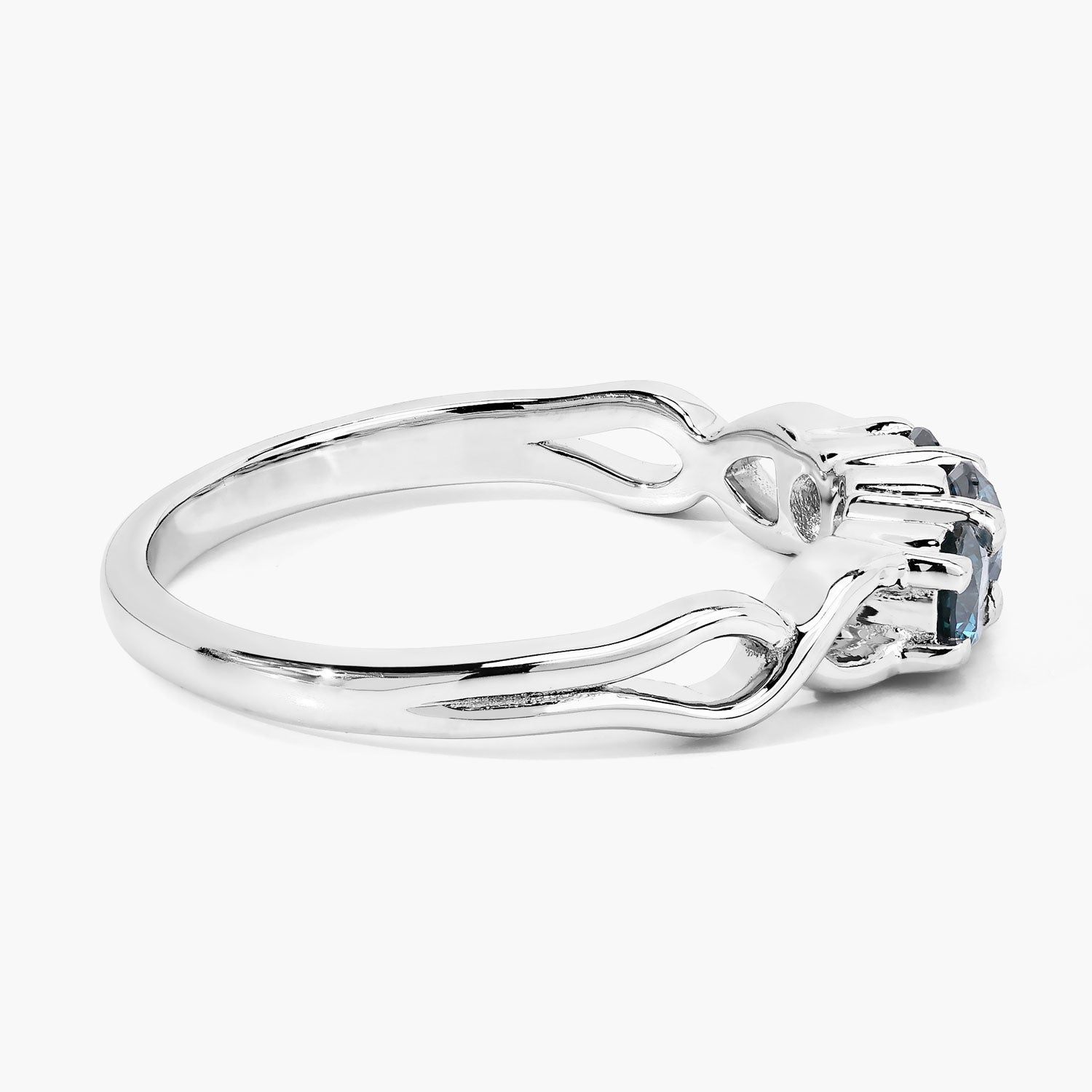 0.52 Cttw Round Teal Blue Diamond Rhodium Plated Silver Three Stone Twisted Band Ring
