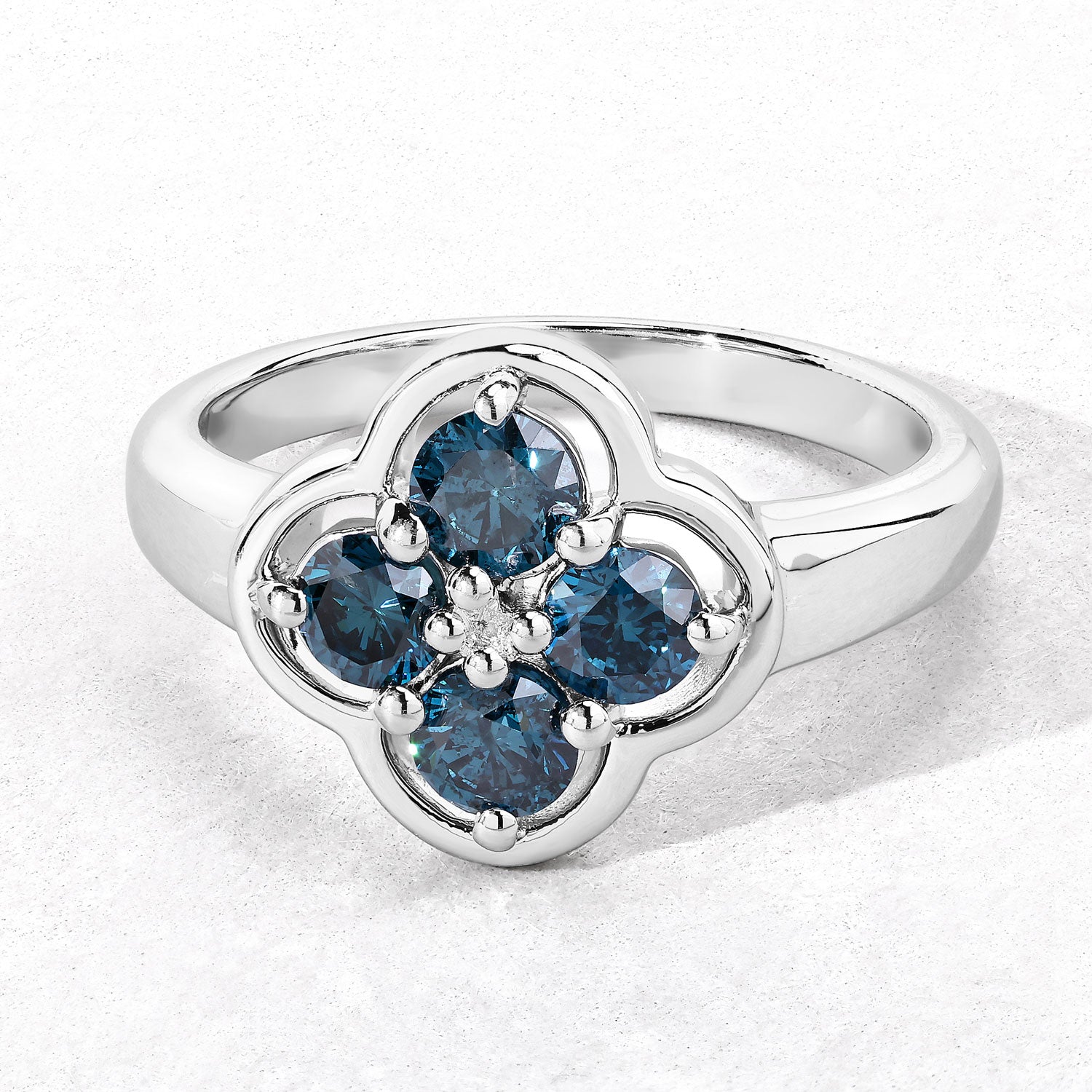 0.76 Cttw Round Teal Blue Diamond Rhodium Plated Silver Clover Cluster Ring