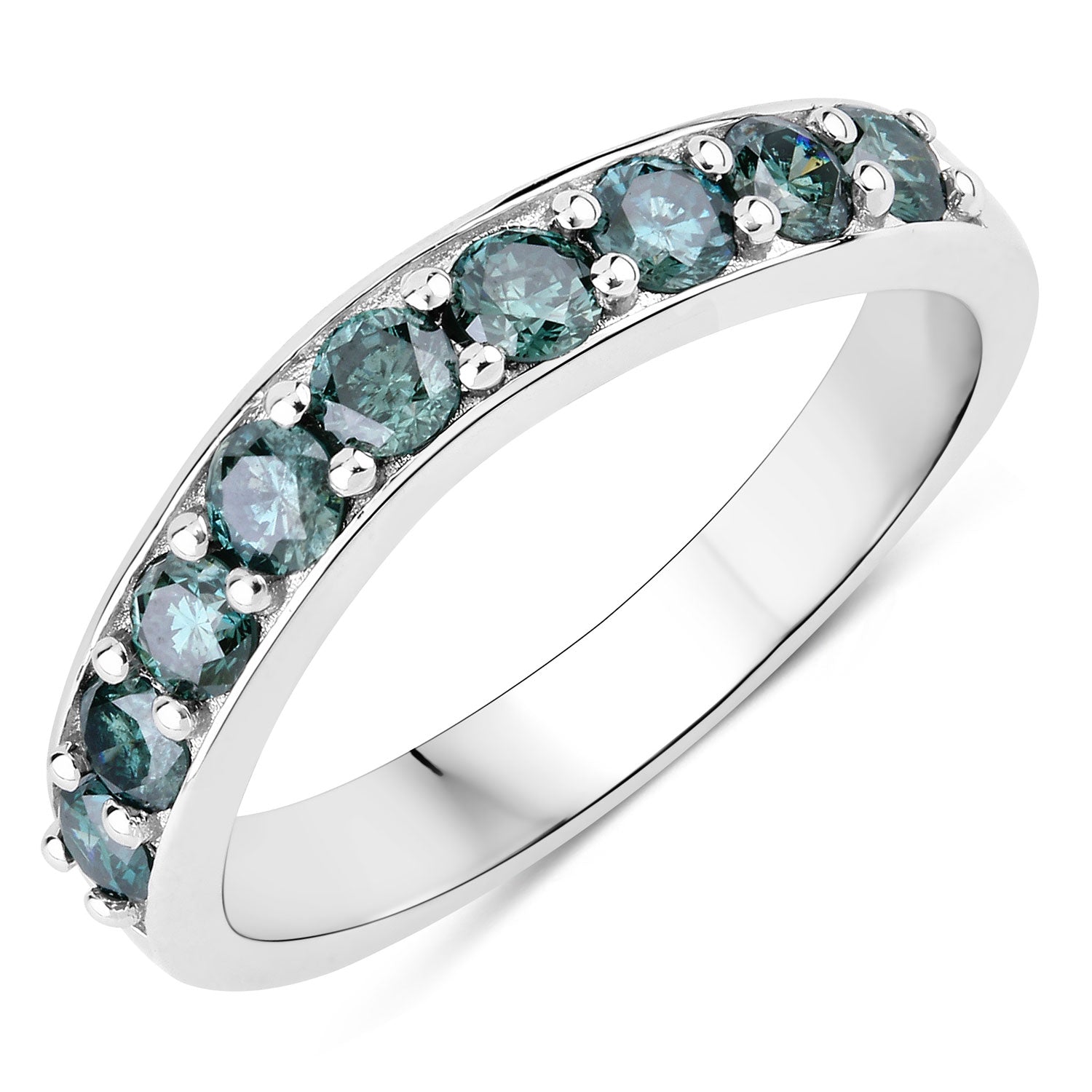 0.76 Cttw Round Teal Blue Diamond Rhodium Plated Silver Half Eternity Band Ring