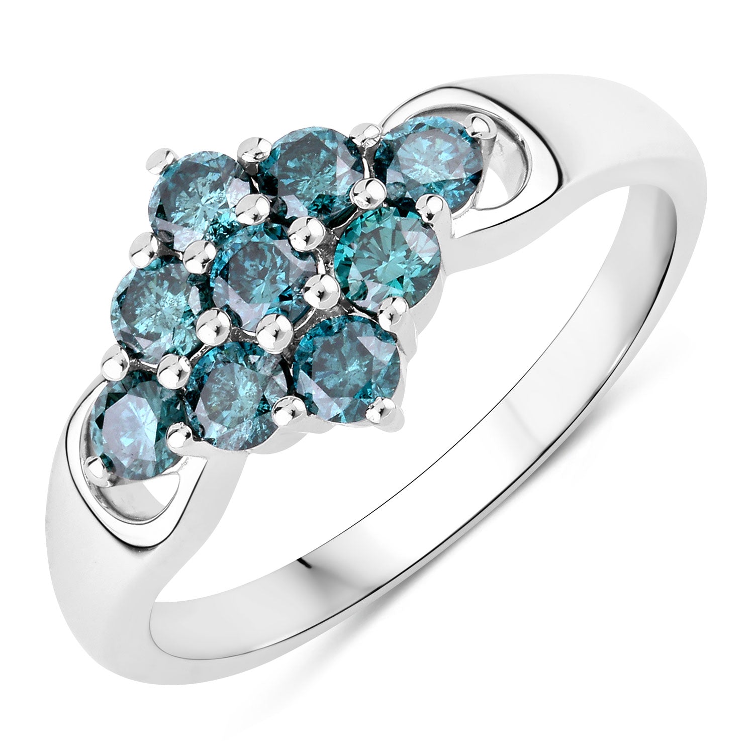 0.76 Cttw Round Teal Blue Diamond Rhodium Plated Silver Diagonal Cluster Ring