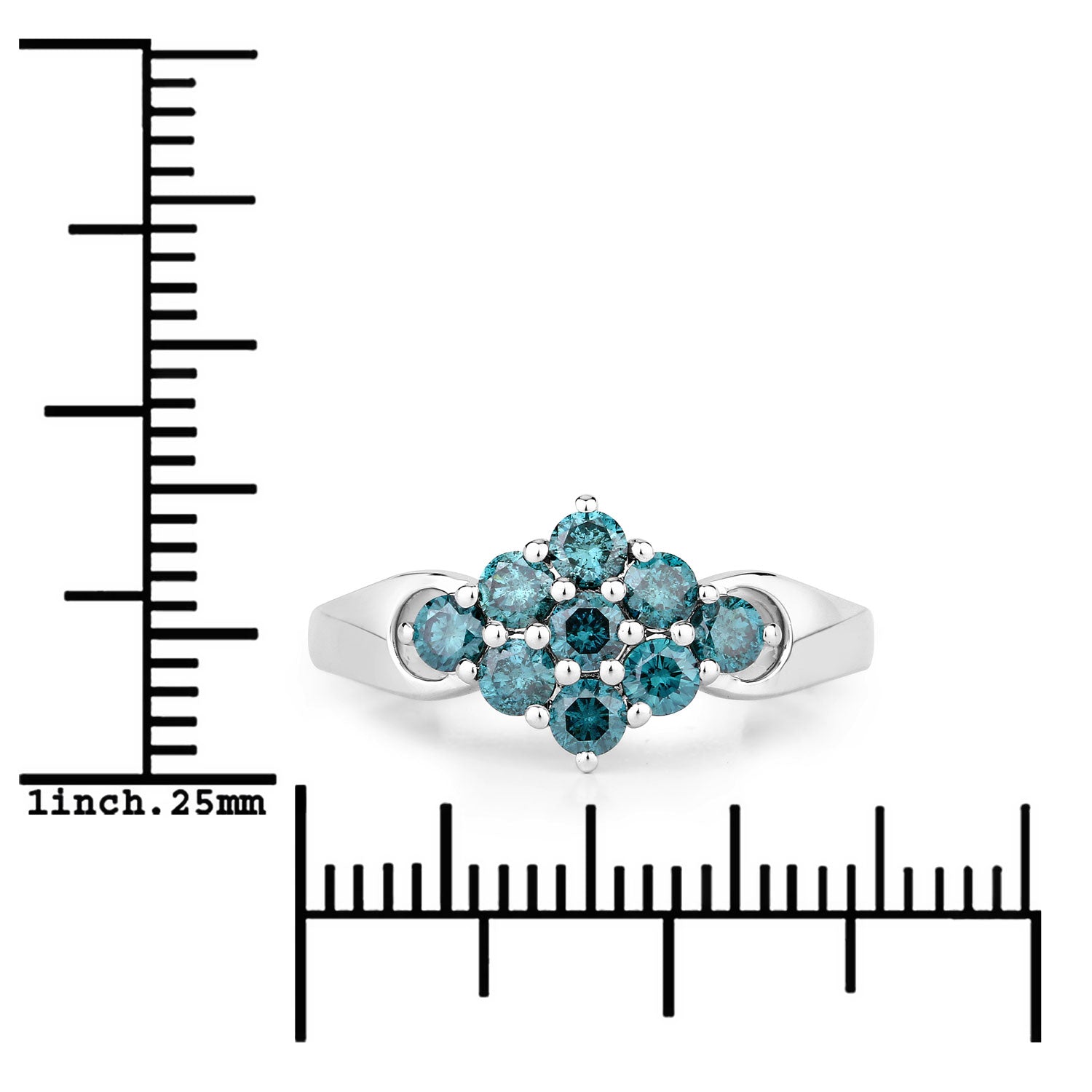 0.76 Cttw Round Teal Blue Diamond Rhodium Plated Silver Diagonal Cluster Ring