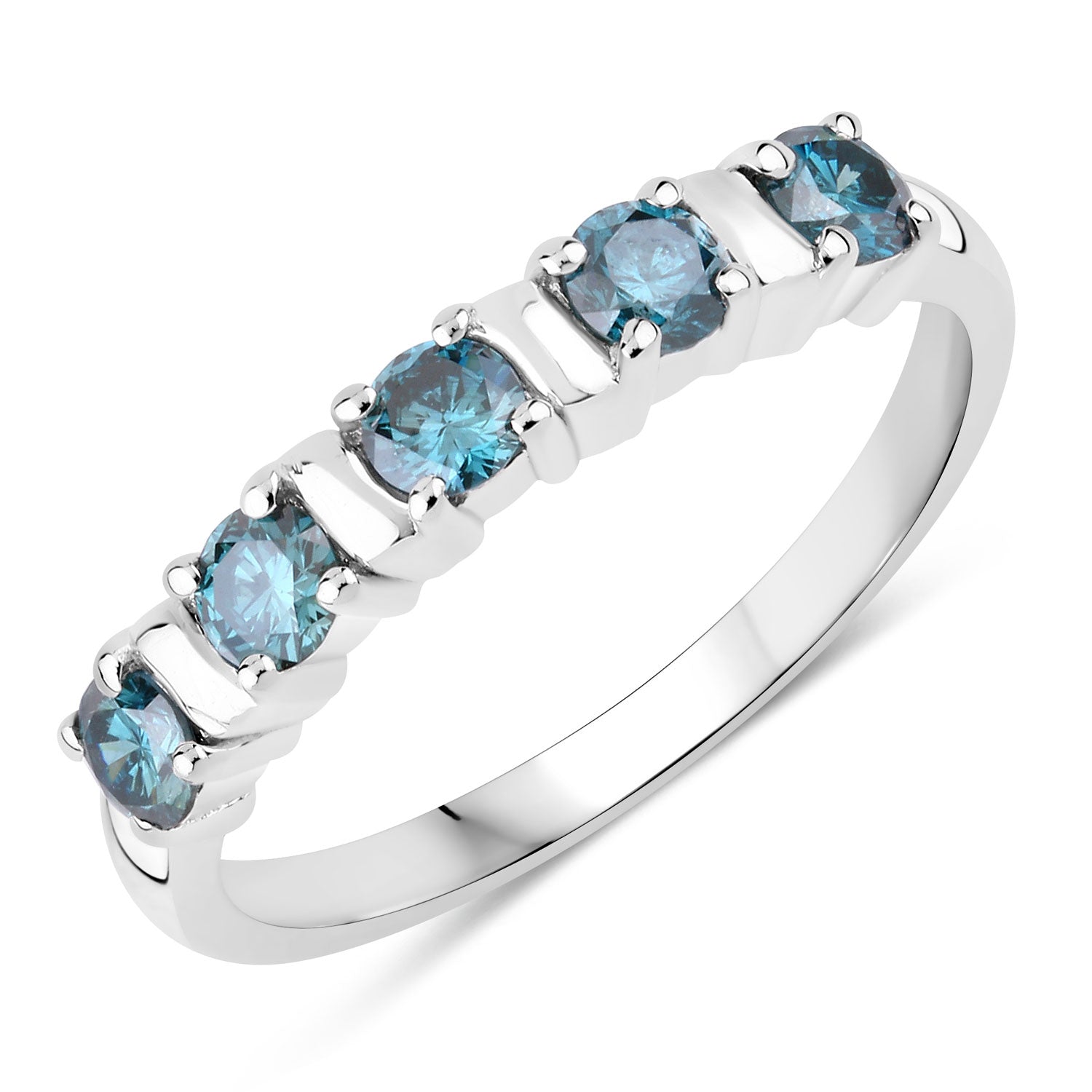 0.62 Cttw Round Teal Blue Diamond Bar Rhodium Plated Silver Five Stone Band Ring
