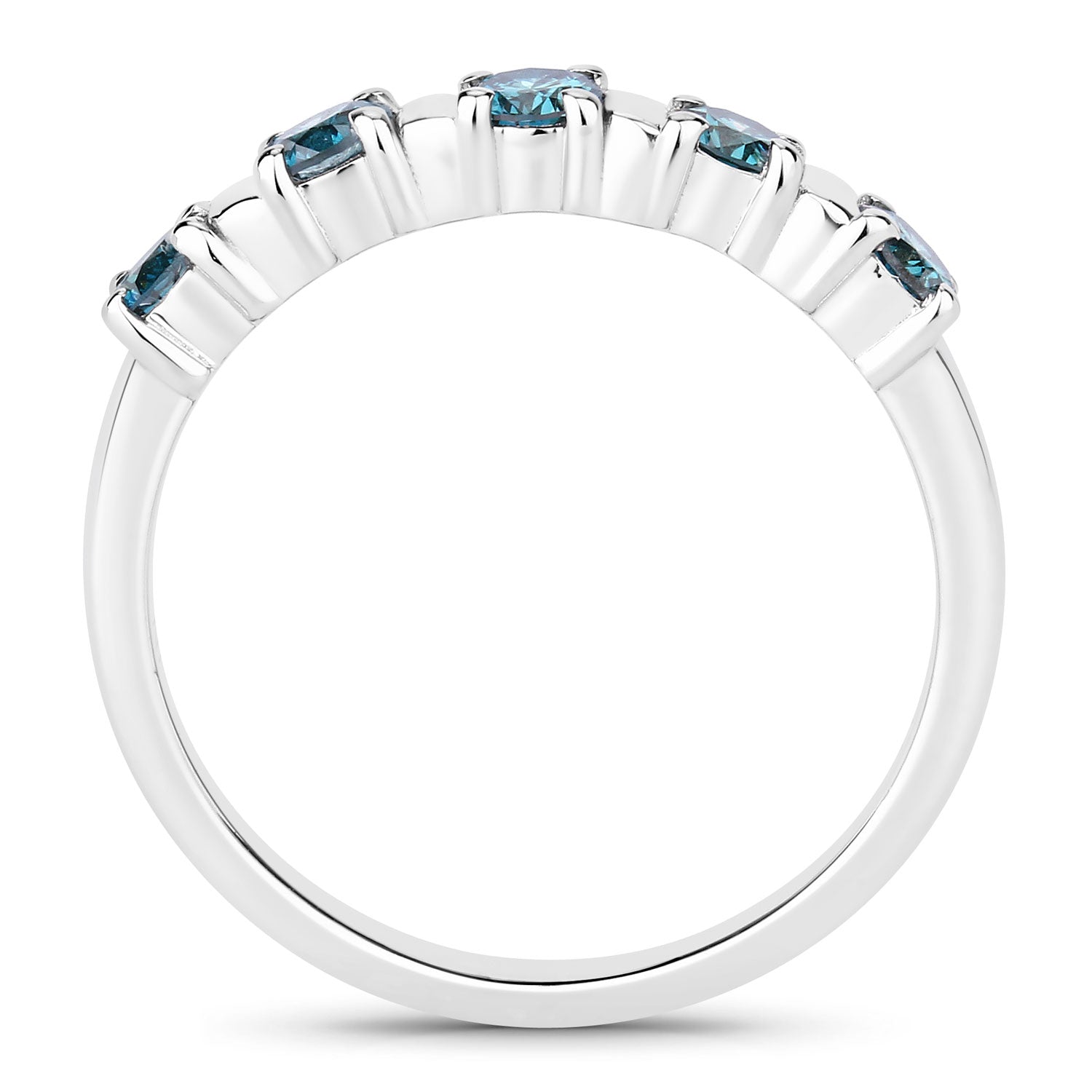 0.62 Cttw Round Teal Blue Diamond Bar Rhodium Plated Silver Five Stone Band Ring