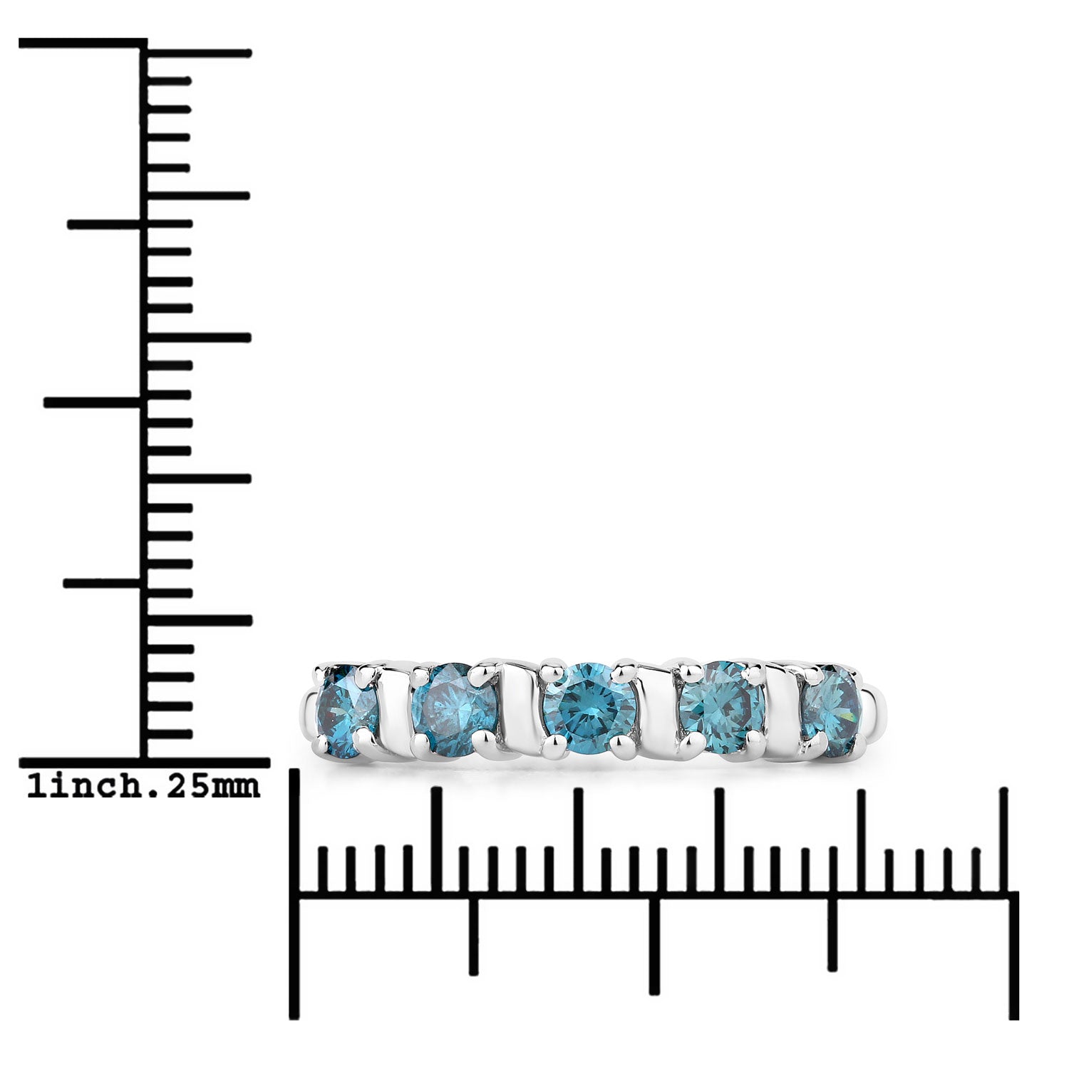 0.62 Cttw Round Teal Blue Diamond Bar Rhodium Plated Silver Five Stone Band Ring