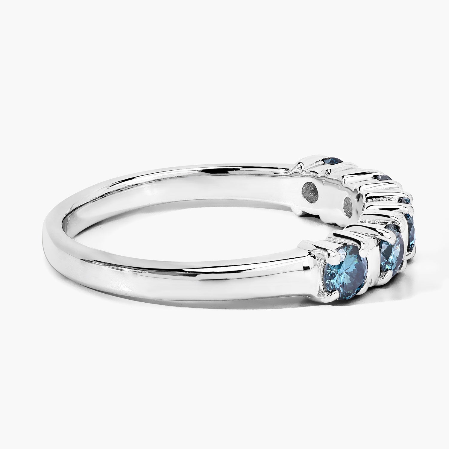 0.62 Cttw Round Teal Blue Diamond Bar Rhodium Plated Silver Five Stone Band Ring