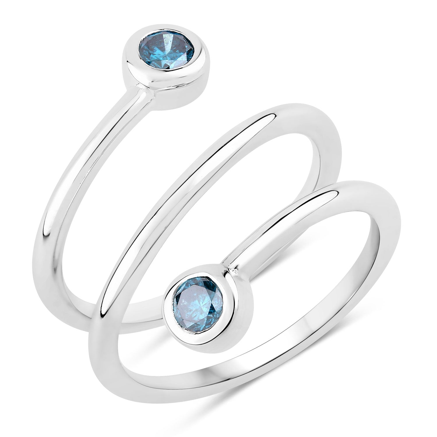 0.35 Cttw Round Teal Blue Diamond Bezel Rhodium Plated Silver Spiral Wrap Ring
