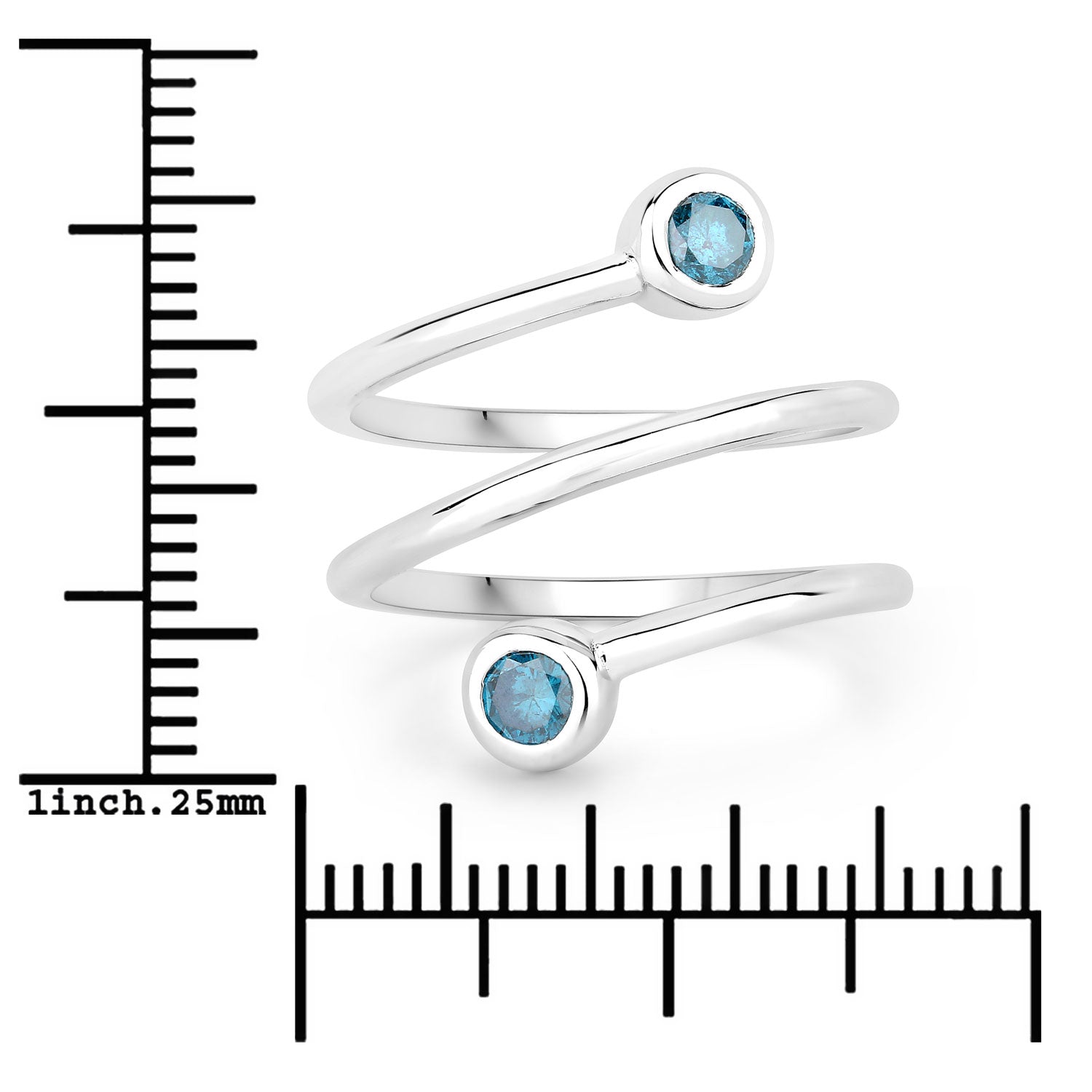 0.35 Cttw Round Teal Blue Diamond Bezel Rhodium Plated Silver Spiral Wrap Ring