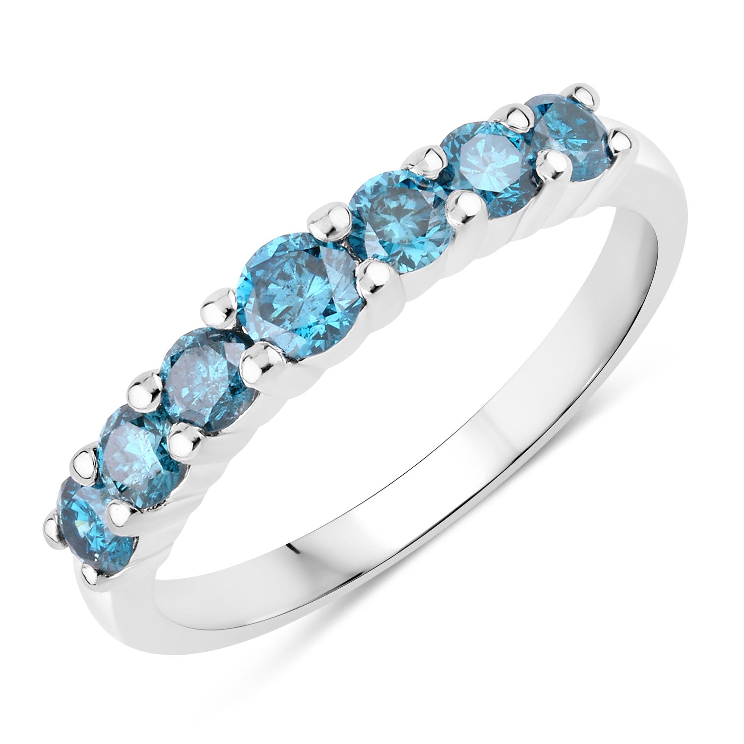 0.76 Cttw Round Teal Blue Diamond Rhodium Plated 925 Silver Five Stone Band Ring
