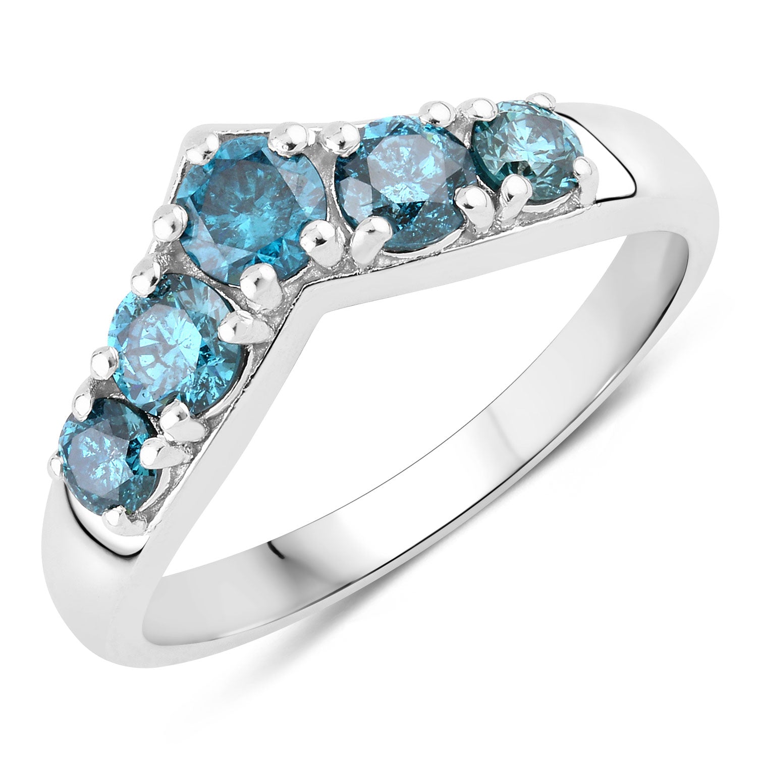 0.75 Cttw Round Teal Blue Diamond Rhodium Plated Silver Five Stone Chevron Band Ring