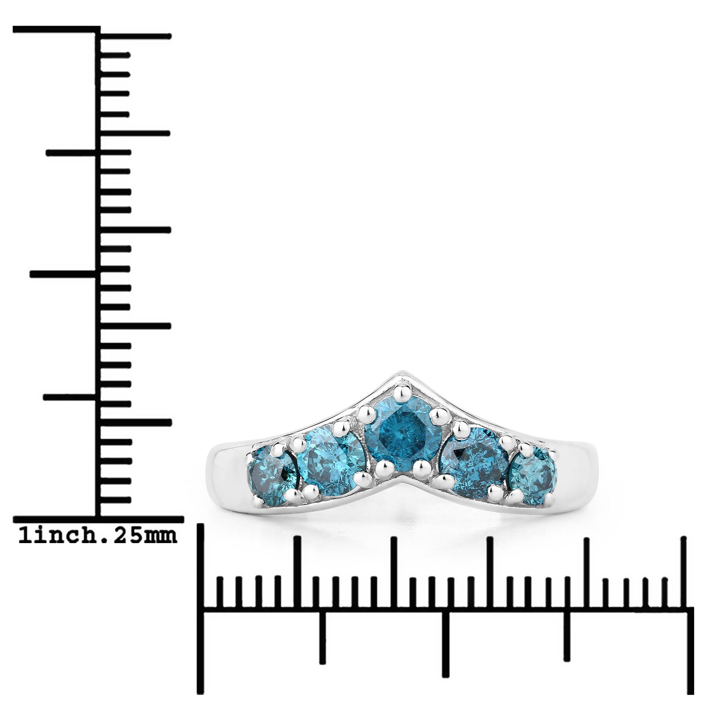 0.75 Cttw Round Teal Blue Diamond Rhodium Plated Silver Five Stone Chevron Band Ring