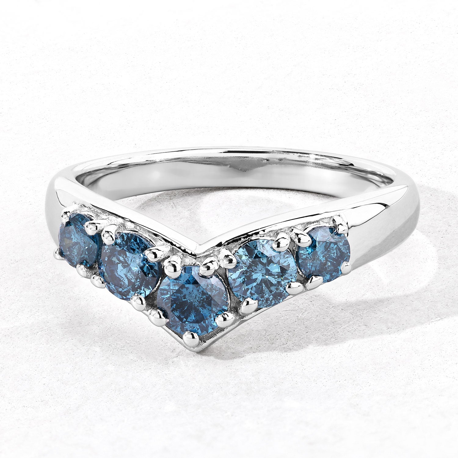 0.75 Cttw Round Teal Blue Diamond Rhodium Plated Silver Five Stone Chevron Band Ring