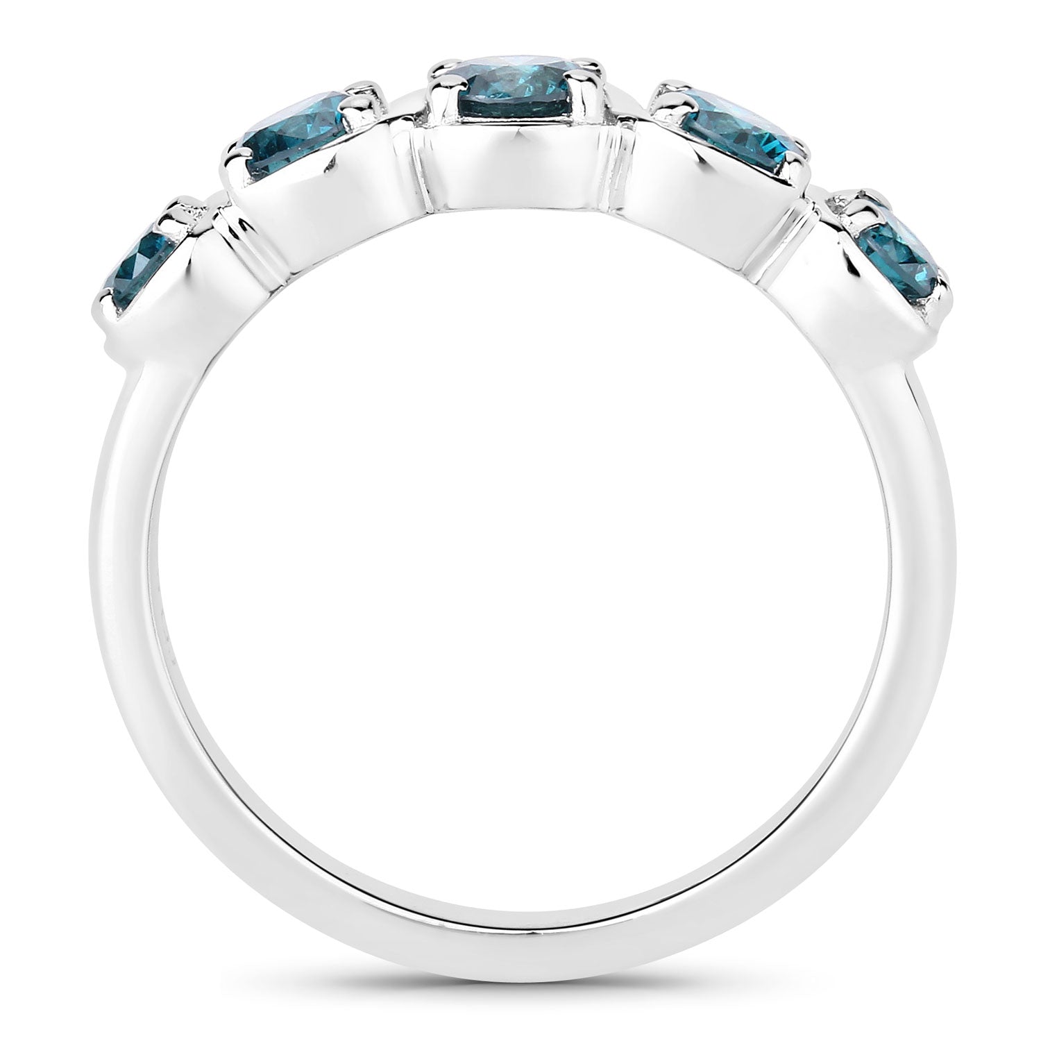 0.75 Cttw Round Teal Blue Diamond Rhodium Plated Silver S-Curve Five Stone Half Eternity Ring