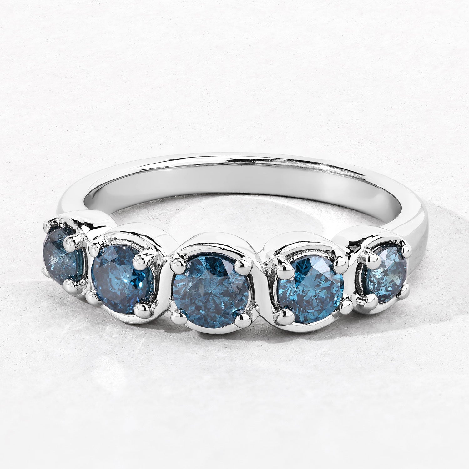 0.75 Cttw Round Teal Blue Diamond Rhodium Plated Silver S-Curve Five Stone Half Eternity Ring