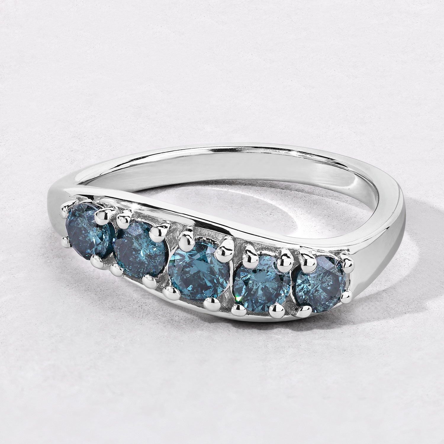 0.76 Cttw Round Teal Blue Diamond Rhodium Plated Silver Five Stone Ring