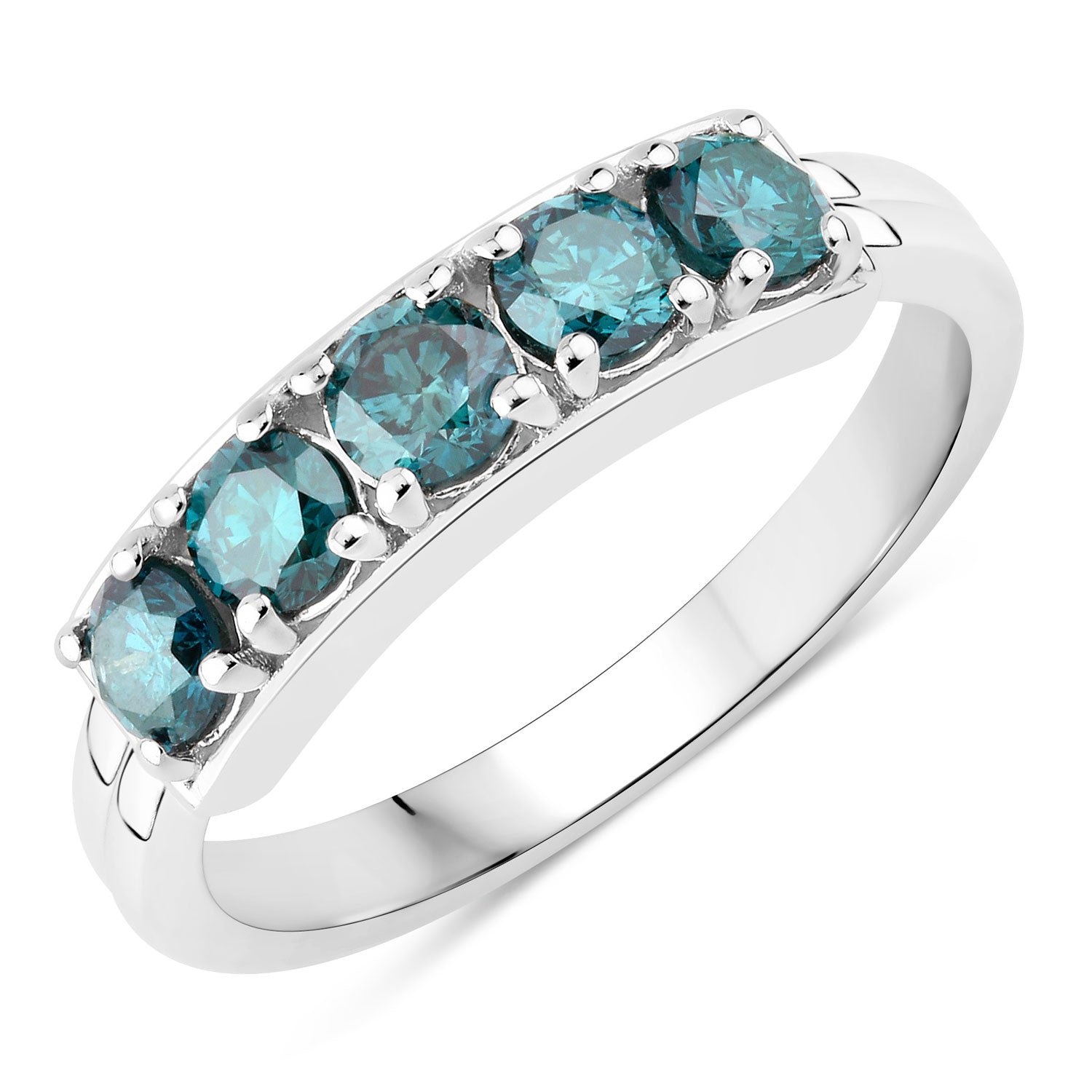 0.76 Cttw Round Teal Blue Diamond Rhodium Plated Silver Five Stone Band Ring