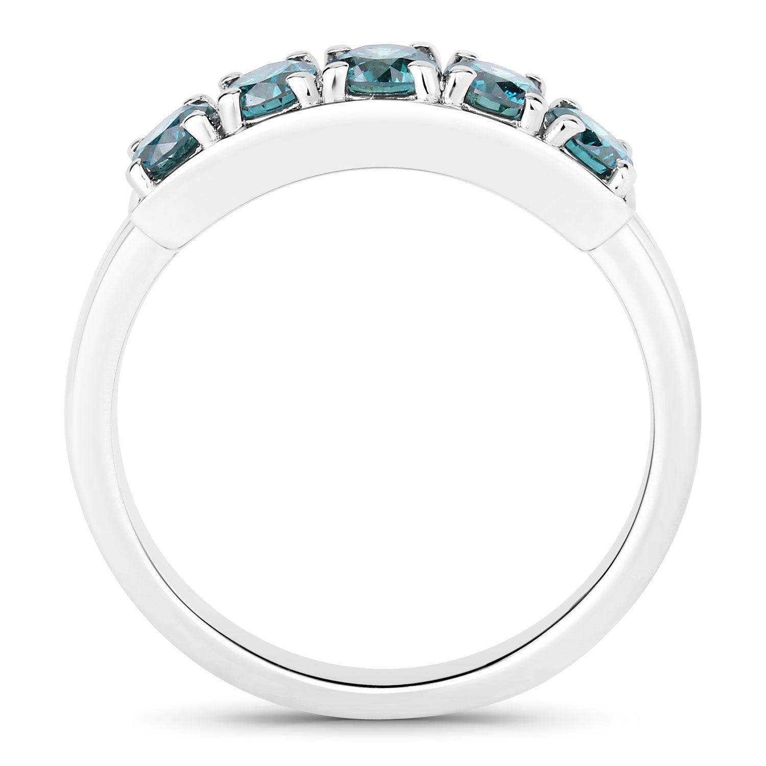 0.76 Cttw Round Teal Blue Diamond Rhodium Plated Silver Five Stone Band Ring