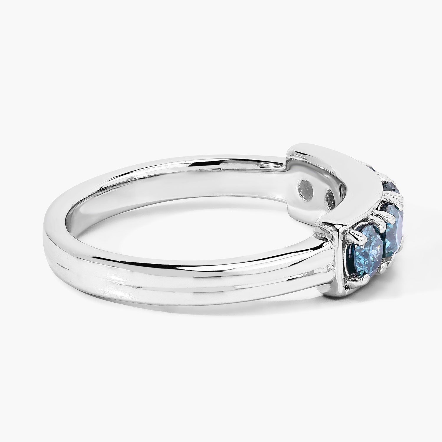 0.76 Cttw Round Teal Blue Diamond Rhodium Plated Silver Five Stone Band Ring