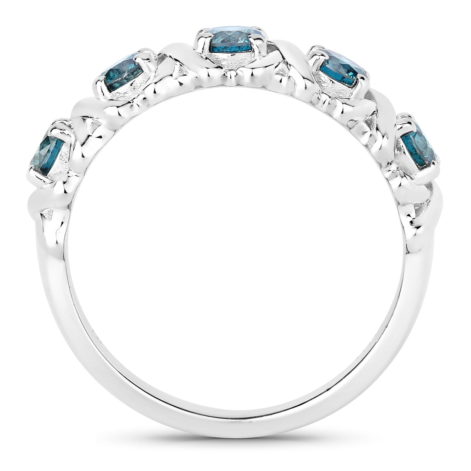 0.76 Cttw Round Teal Blue Diamond Rhodium Plated Silver Five Stone X Band Ring