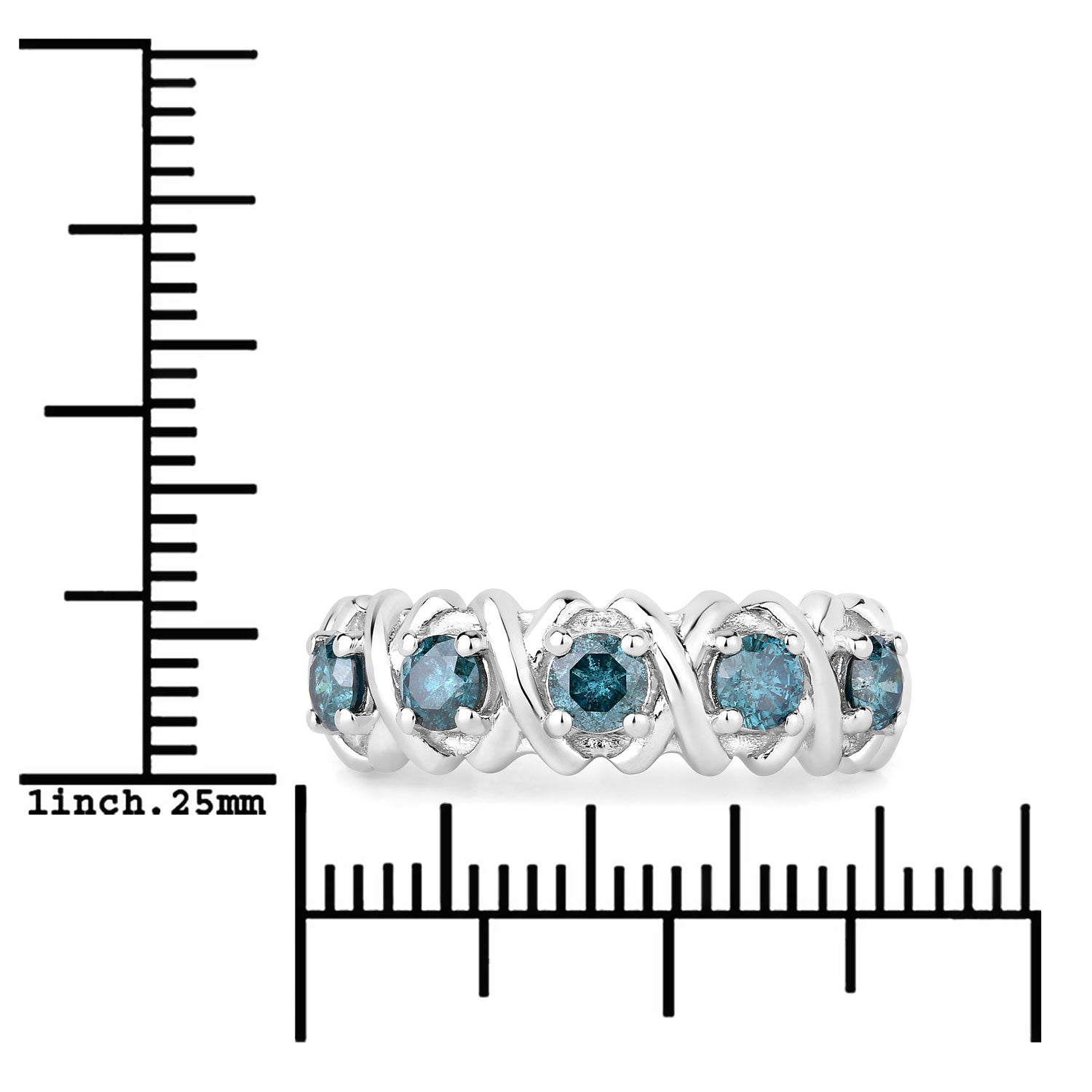 0.76 Cttw Round Teal Blue Diamond Rhodium Plated Silver Five Stone X Band Ring