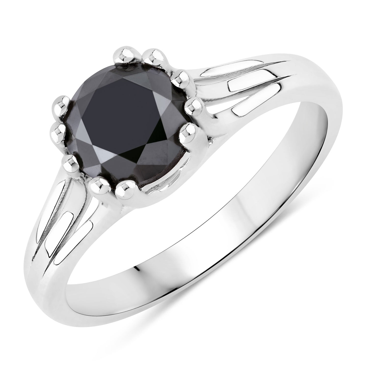 1.58 Cttw Round Black Diamond Rhodium over Silver Fluted Shoulder Solitaire Ring