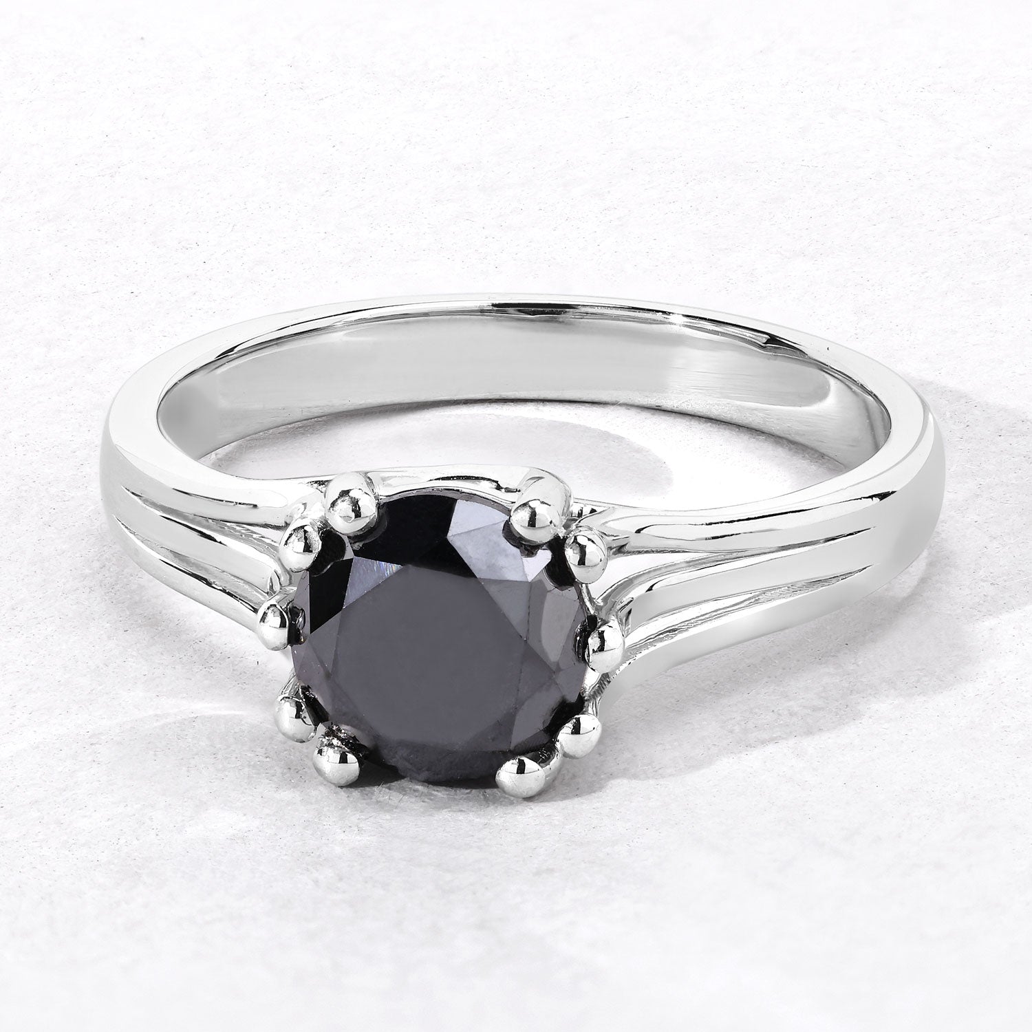 1.58 Cttw Round Black Diamond Rhodium over Silver Fluted Shoulder Solitaire Ring