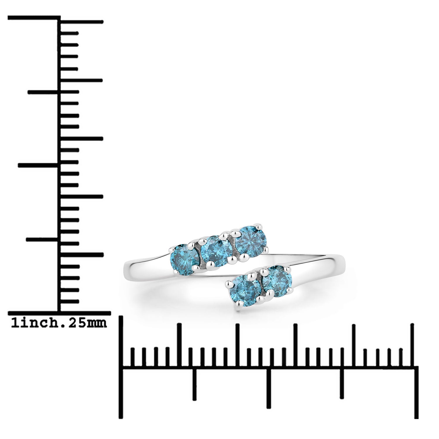 0.48 Cttw Round Teal Blue Diamond Rhodium Plated Silver Bypass Open Cuff Ring