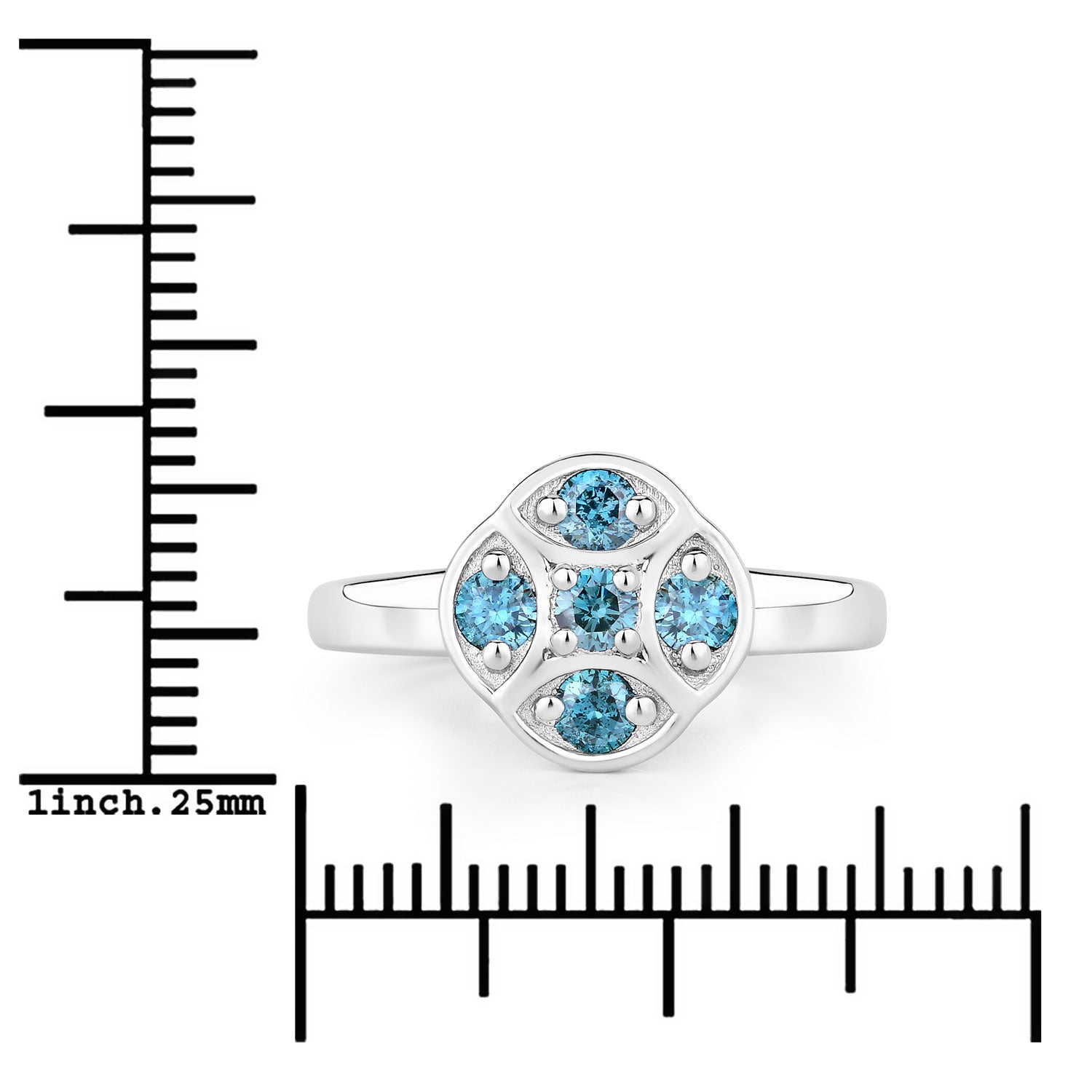 0.48 Cttw Round Teal Blue Diamond Rhodium Plated Silver Disc Cluster 5 Stone Ring