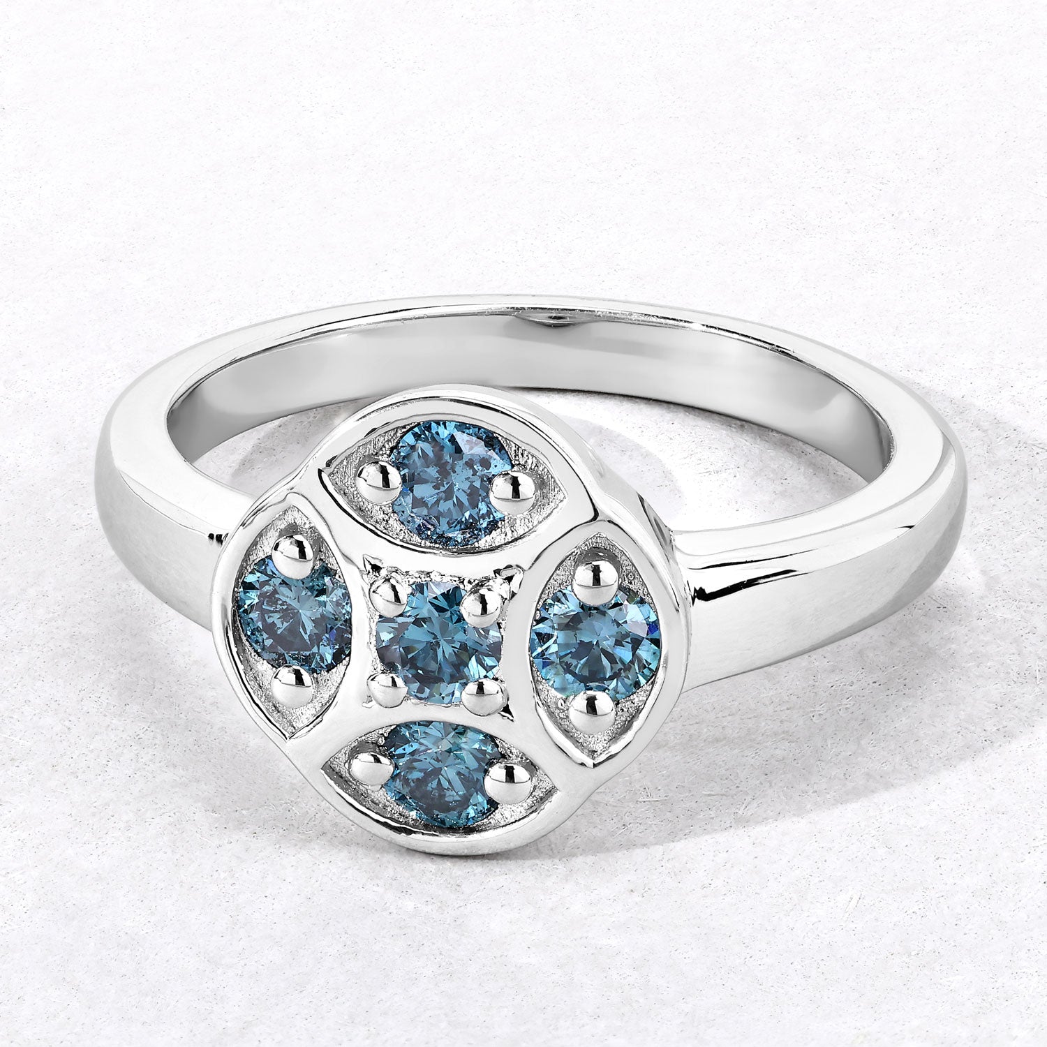0.48 Cttw Round Teal Blue Diamond Rhodium Plated Silver Disc Cluster 5 Stone Ring