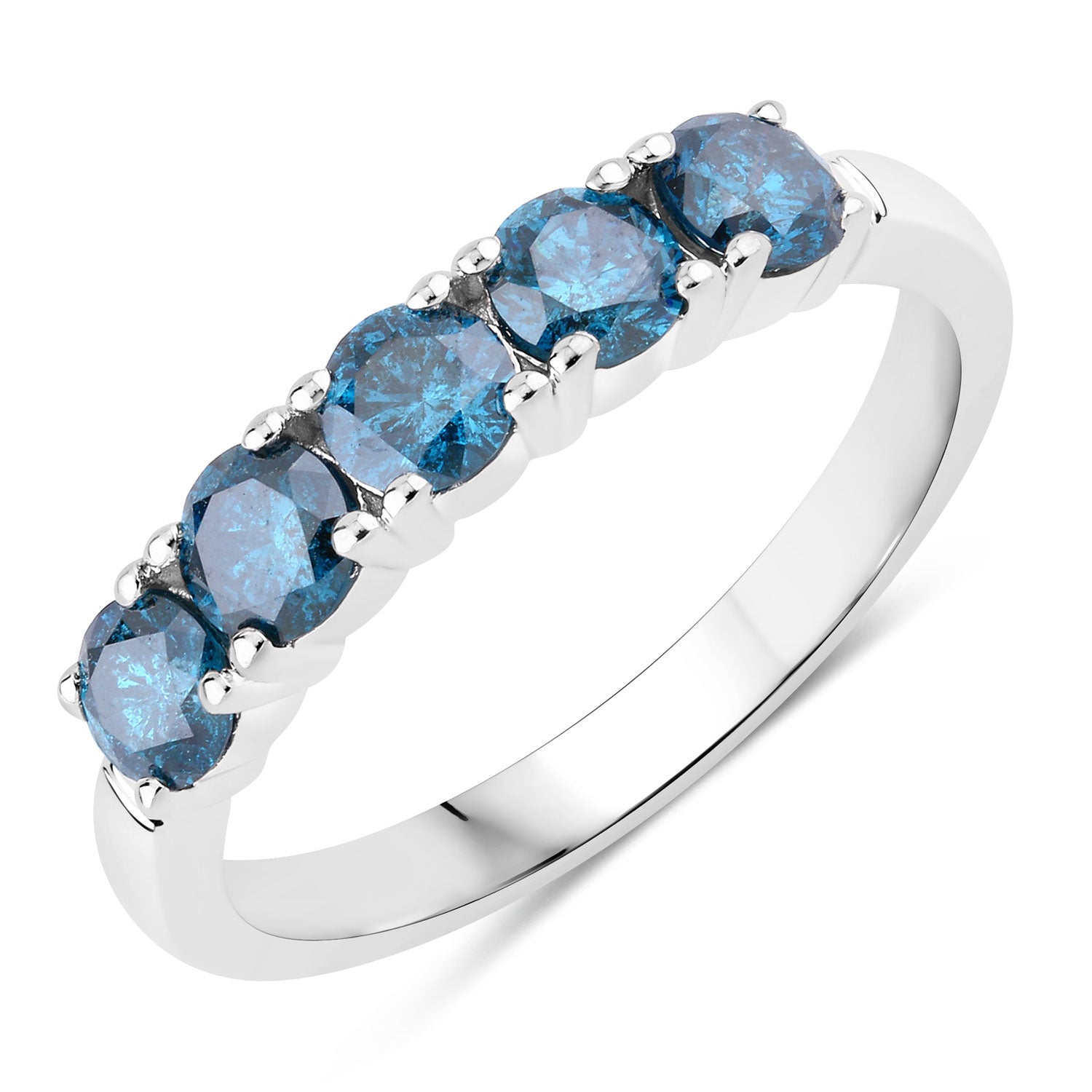 1.01 Cttw Round Teal Blue Diamond Rhodium Plated Silver Five Stone Band Ring