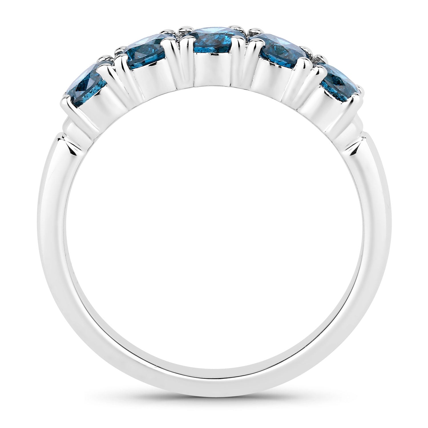 1.01 Cttw Round Teal Blue Diamond Rhodium Plated Silver Five Stone Band Ring