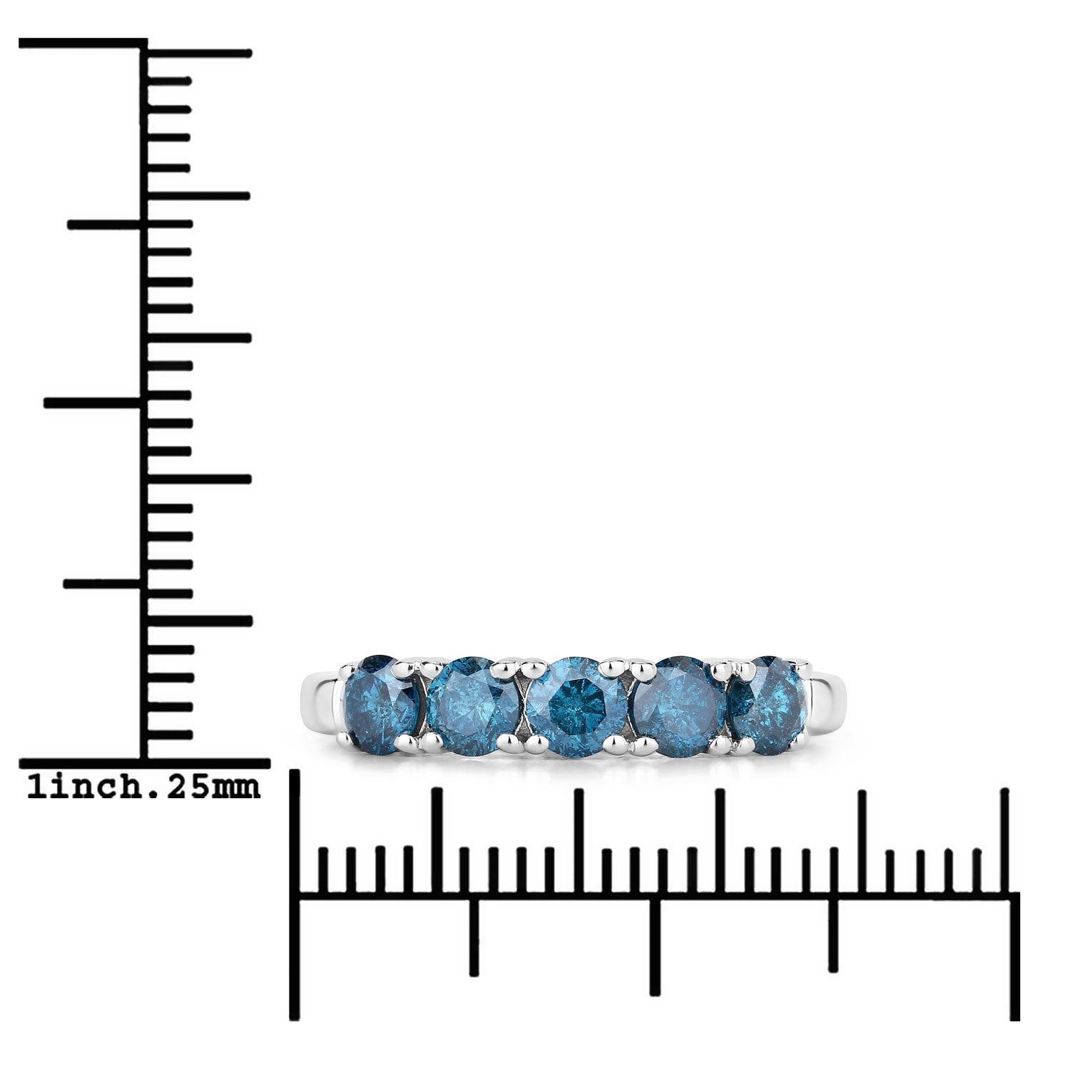 1.01 Cttw Round Teal Blue Diamond Rhodium Plated Silver Five Stone Band Ring