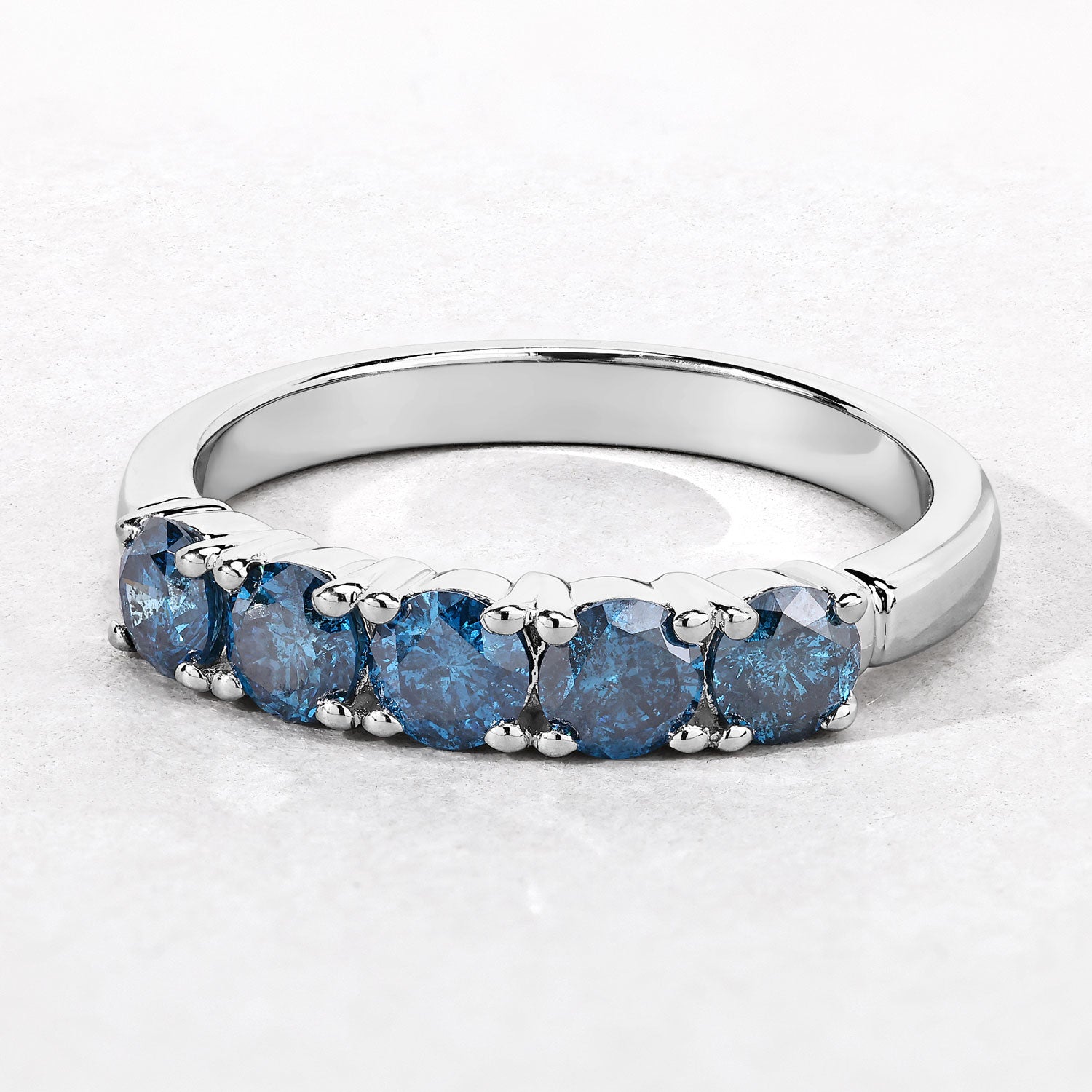 1.01 Cttw Round Teal Blue Diamond Rhodium Plated Silver Five Stone Band Ring