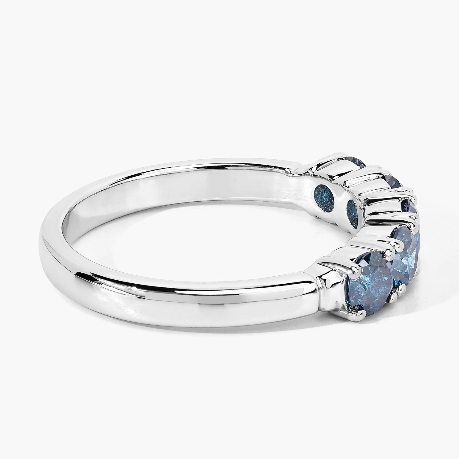 1.01 Cttw Round Teal Blue Diamond Rhodium Plated Silver Five Stone Band Ring