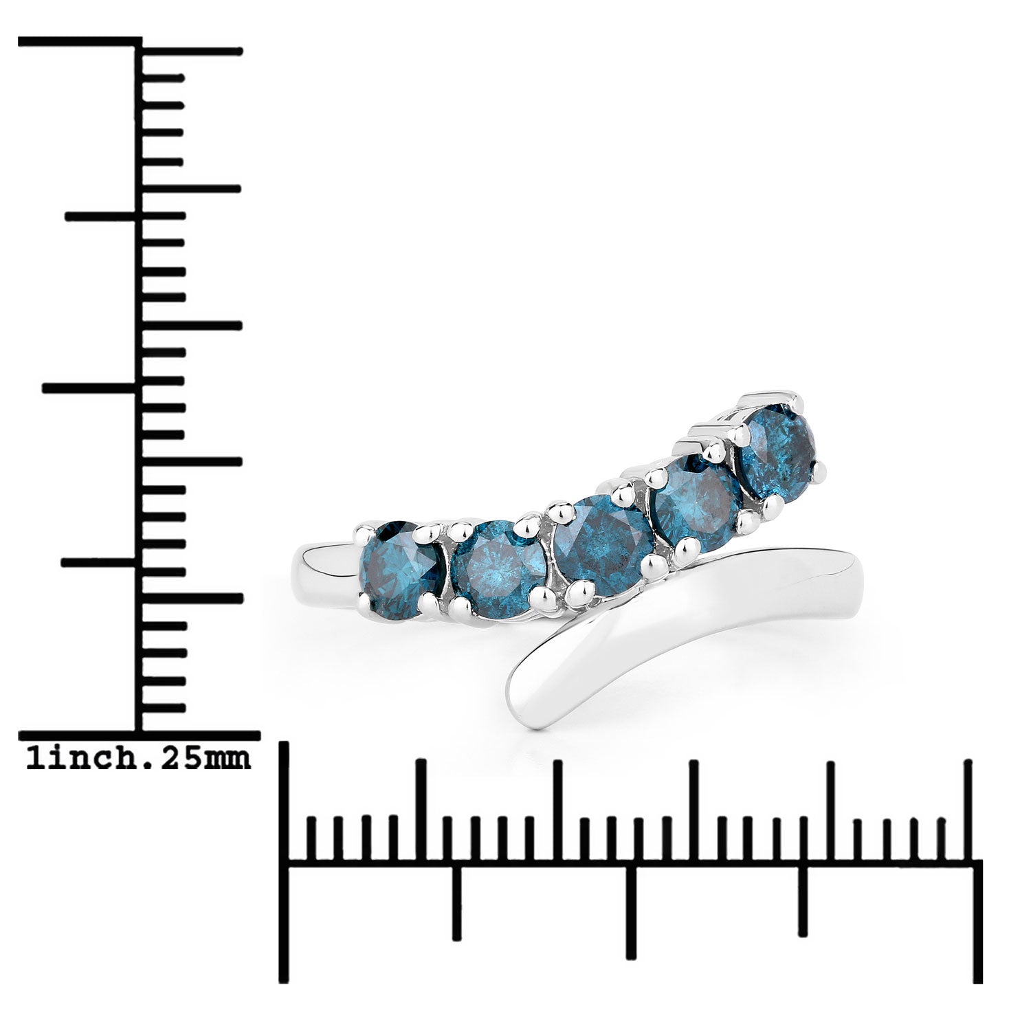 1.01 Cttw Round Teal Blue Diamond Rhodium Plated Silver Five Stone Bypass Ring