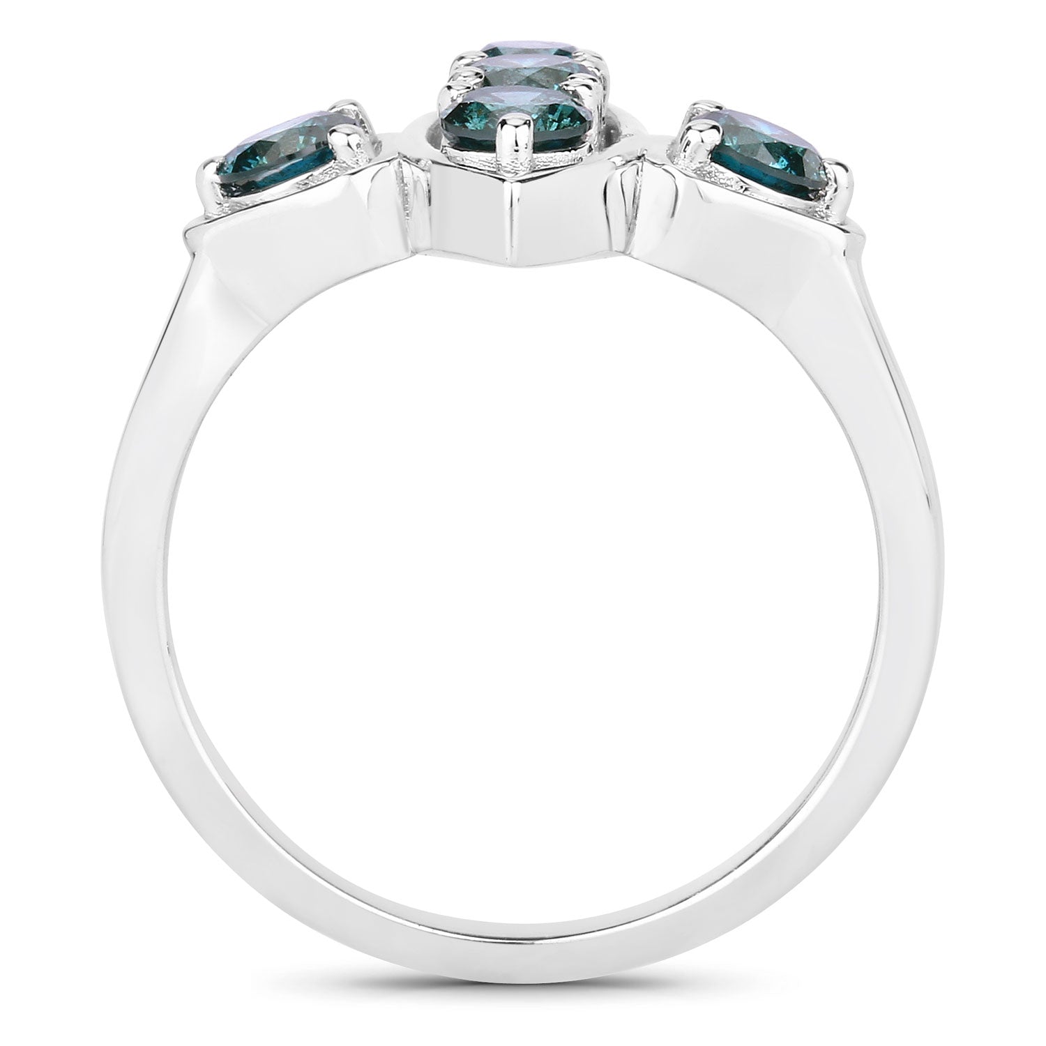 1.01 Cttw Round Teal Blue Diamond Rhodium Plated Silver Marquise Cluster Ring
