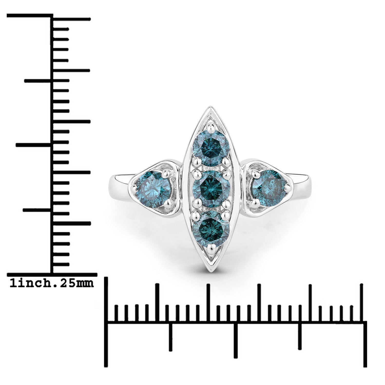 1.01 Cttw Round Teal Blue Diamond Rhodium Plated Silver Marquise Cluster Ring