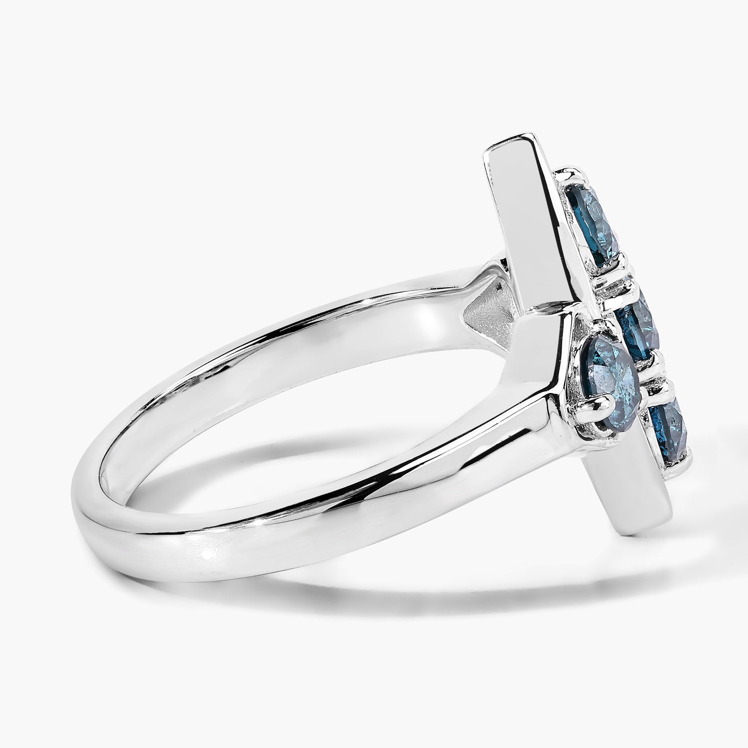 1.01 Cttw Round Teal Blue Diamond Rhodium Plated Silver Marquise Cluster Ring