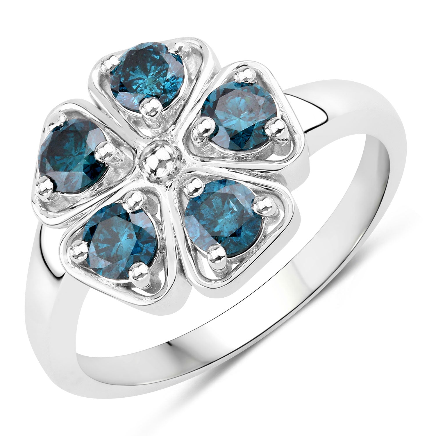 1.01 Cttw Round Teal Blue Diamond Rhodium Plated Silver Floral Cluster Ring
